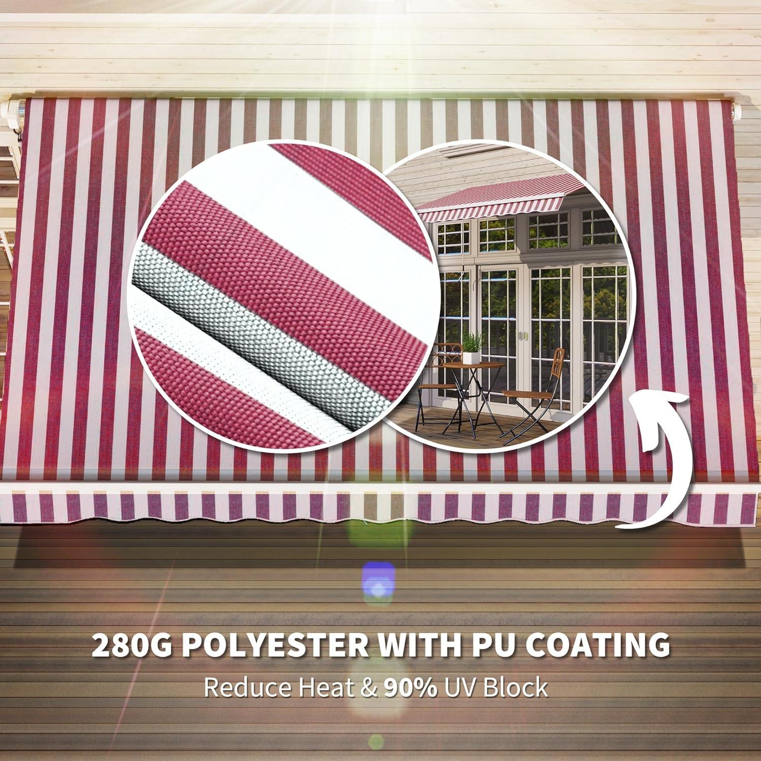 Outsunny 10' x 8' Manual Retractable Awning Sun Shade Shelter for Patio Deck Yard with UV Protection and Easy Crank Opening, Wine Red Stripes