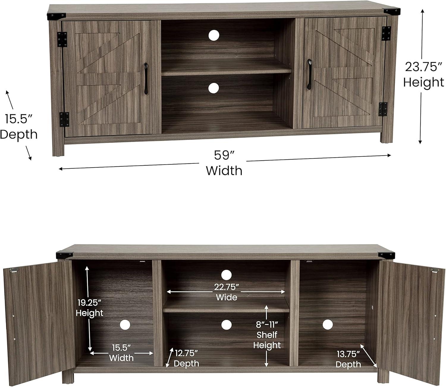 Rustic Industrial Gray Wash Oak TV Stand with Cabinet for 65" TVs