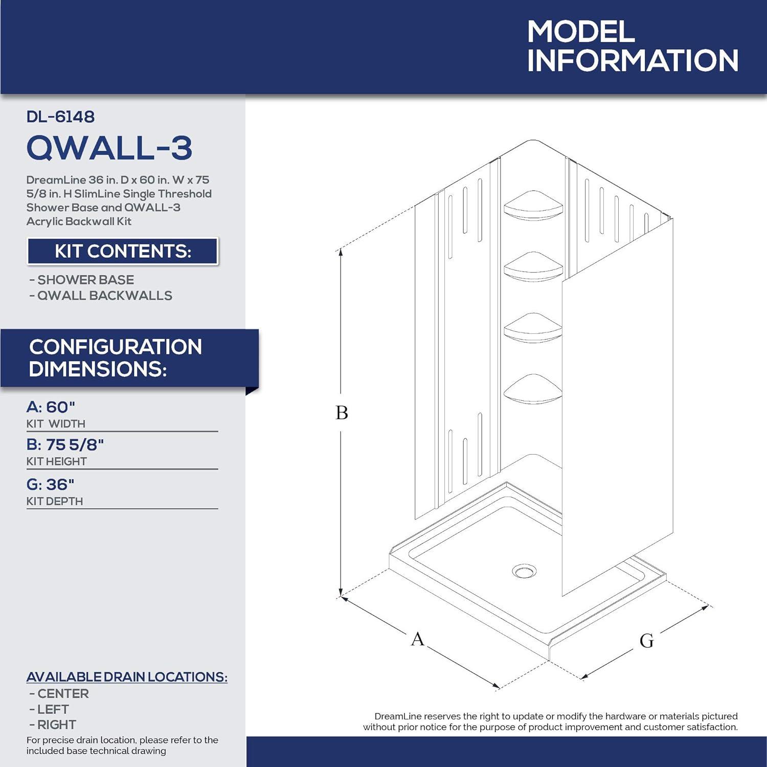 Qwall 60" W x 36" D Framed Rectangle Shower Stall and Base Included