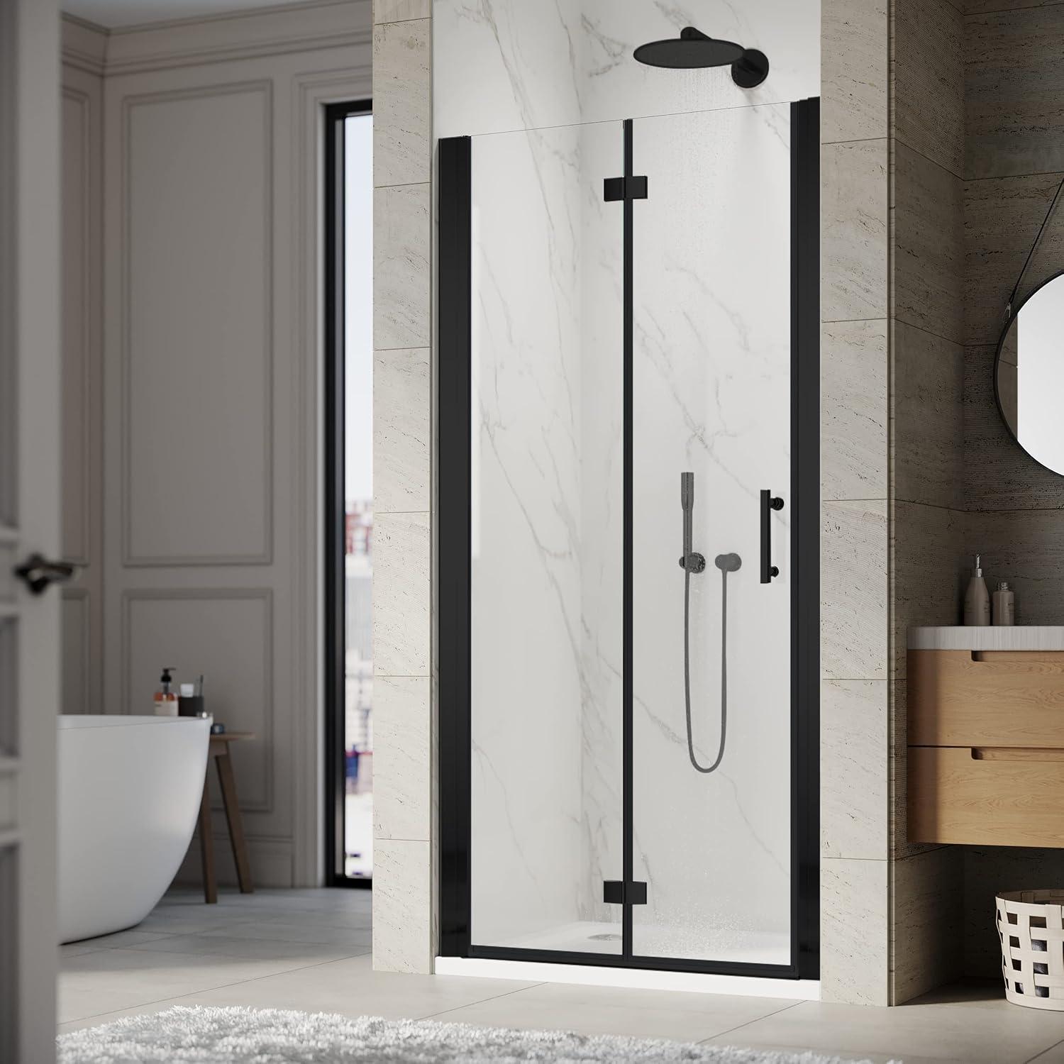Sunny Shower Bifold Pivot Swing Frameless Shower Door in Black 34 in.W x 72 in.H