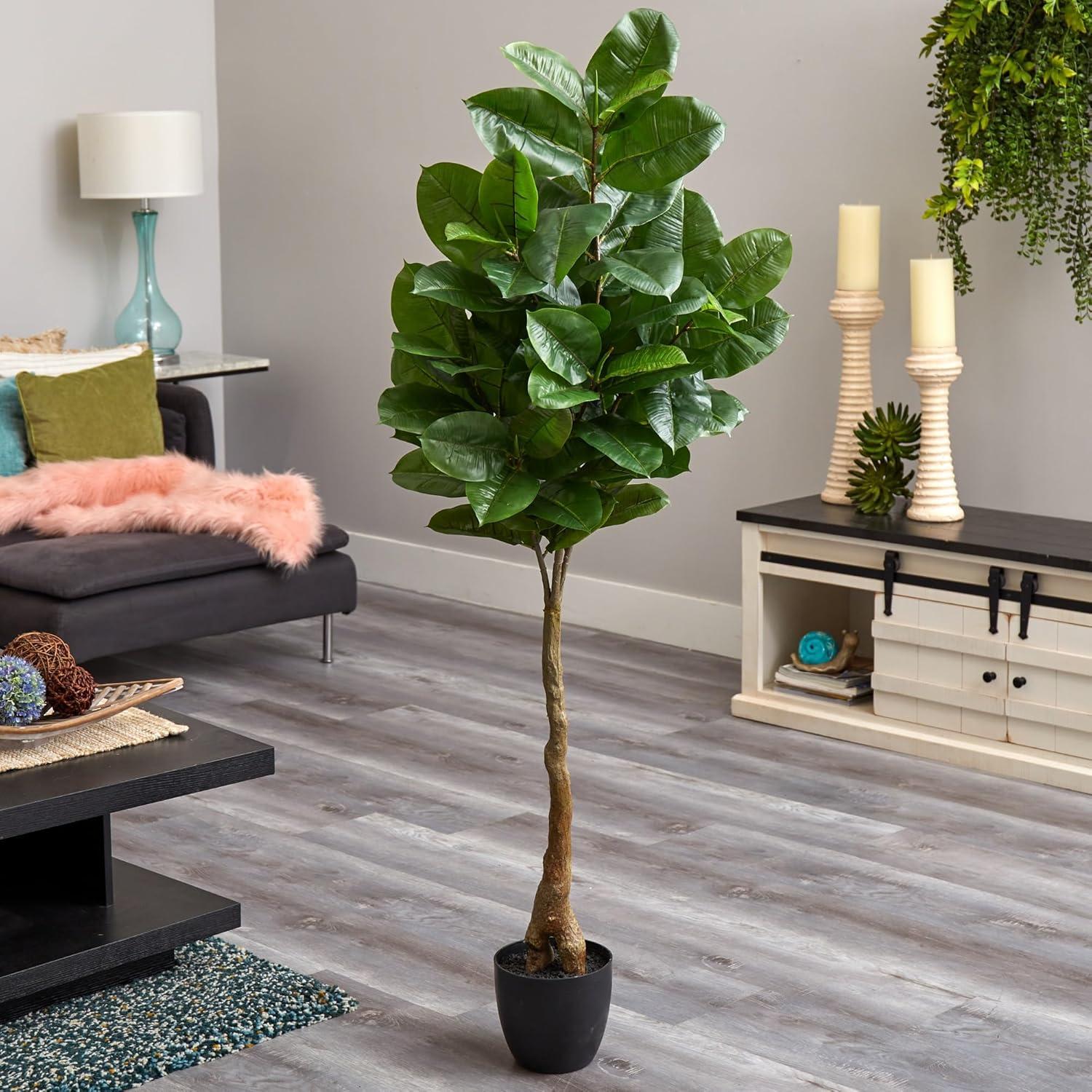 65" Artificial Rubber Leaf Tree in Pot Black - Nearly Natural: Indoor Faux Plant Decor, No Assembly Required