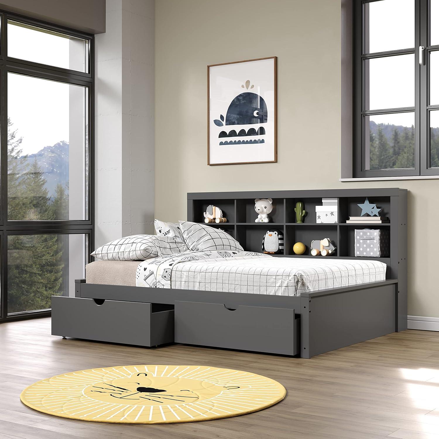 Donco Kids Bookcase Full Daybed with Dual Underbed Drawers, Full, Dark Grey