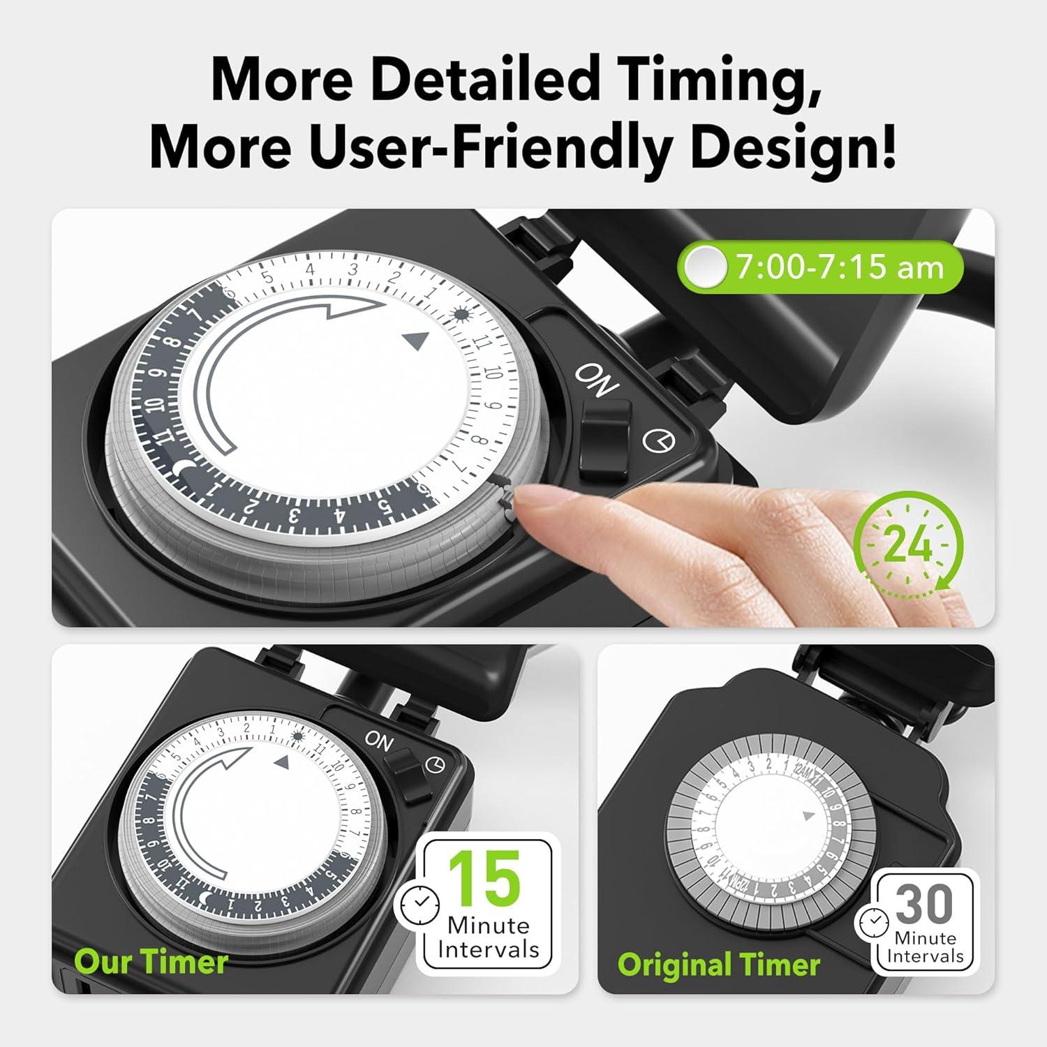 BN-LINK Compact Outdoor Mechanical Timer, 24 Hour Programmable Dual Outlet Timer - Plug in, Waterproof, Heavy Duty, For Lamps Christmas Lights