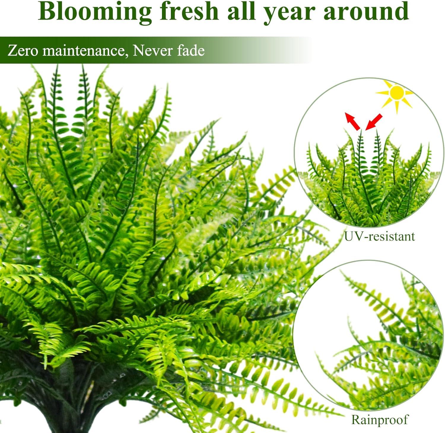 12pcs Artificial Flowers for Outdoor Fake Ferns Artificial Boston Fern Plant Artificial Ferns for Outdoor UV Resistant Plastic Plants (Green)