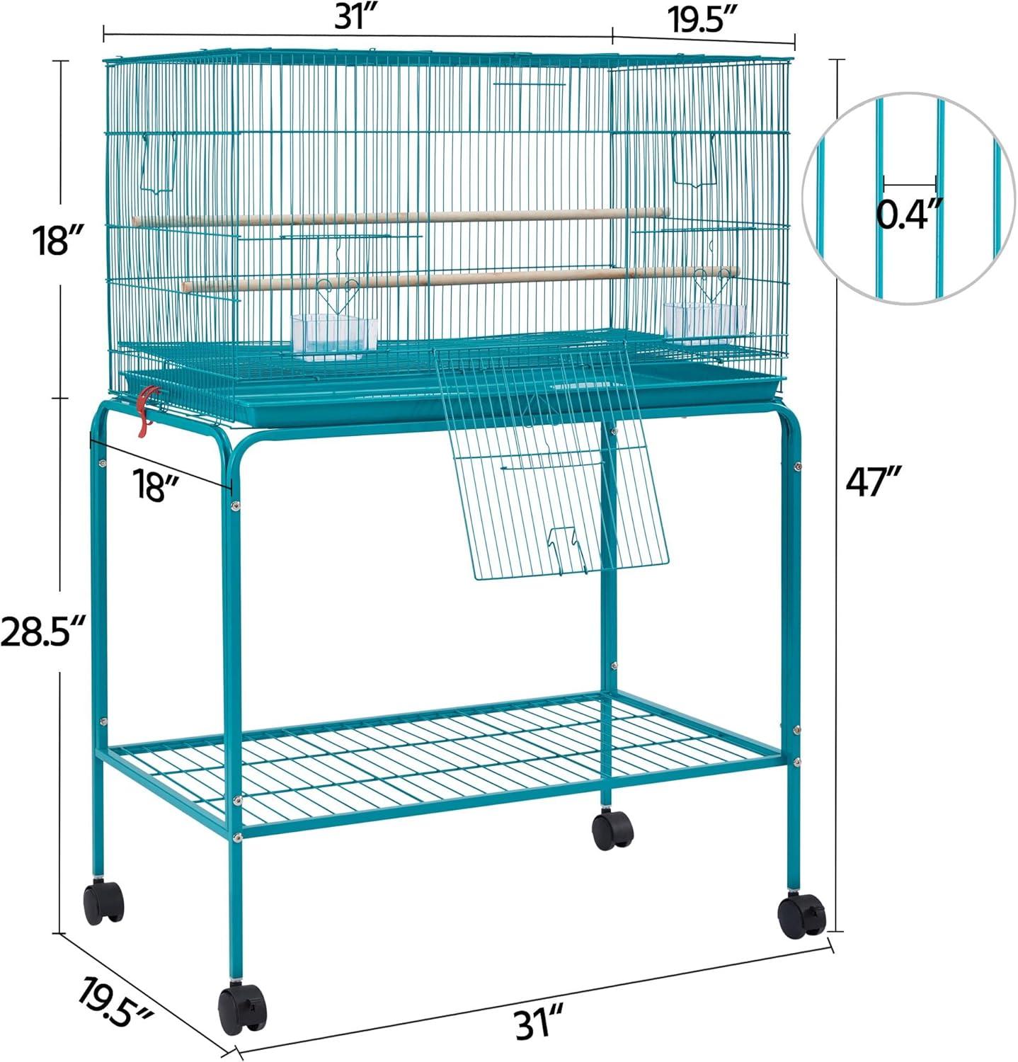 Teal Blue 47" Rolling Stand Flight Bird Cage with Slide-Out Tray