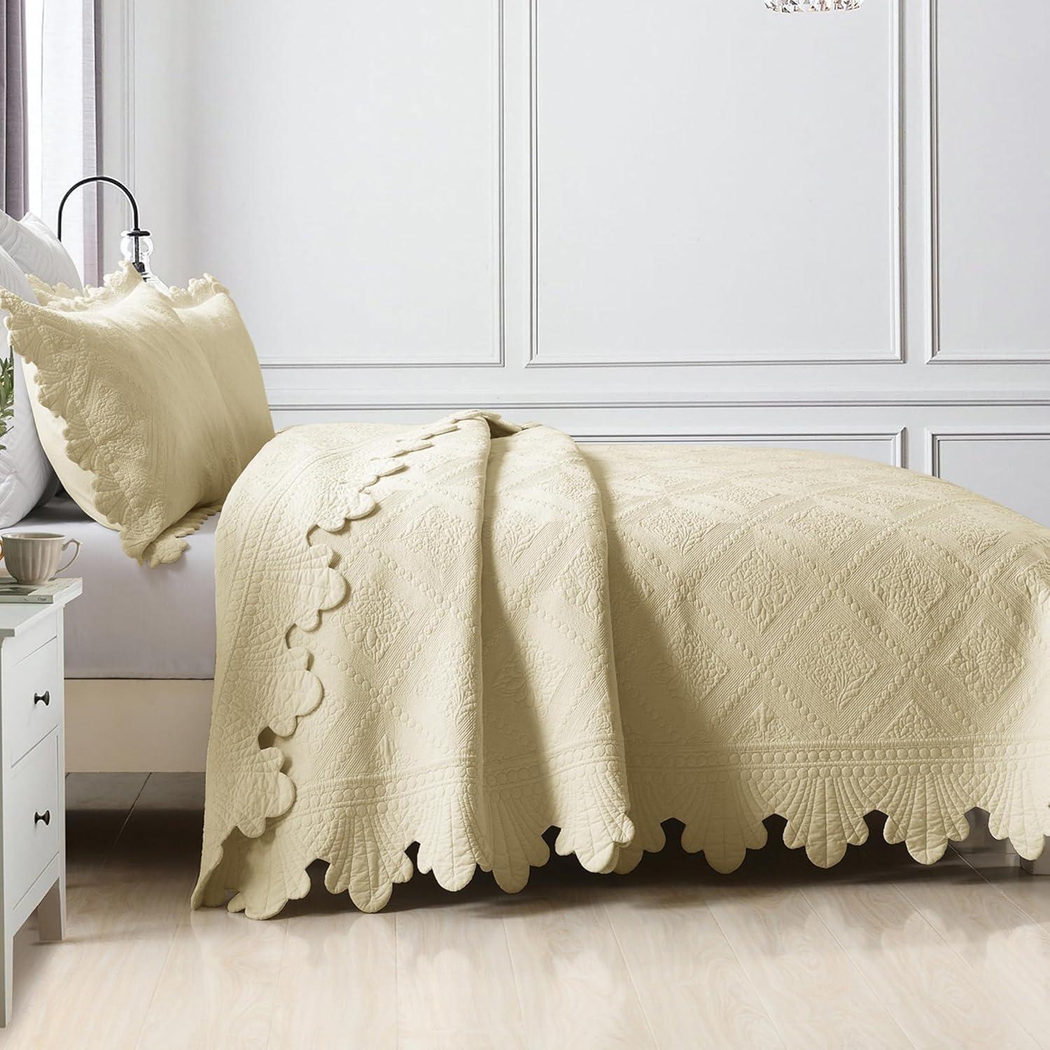 Beige Khaki Cotton Queen Bedspread Set with Embroidery