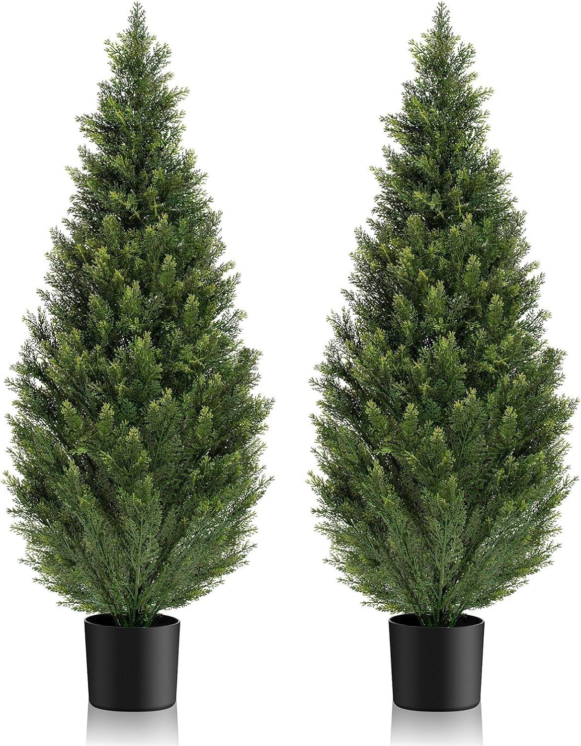 Artificial Cedar Tree 2 Pack 4 ft Outdoor Artificial Topiary Cedar Plants Fake Tree UV Rated Potted Tree for Perfect Housewarming Gift, Set of 2