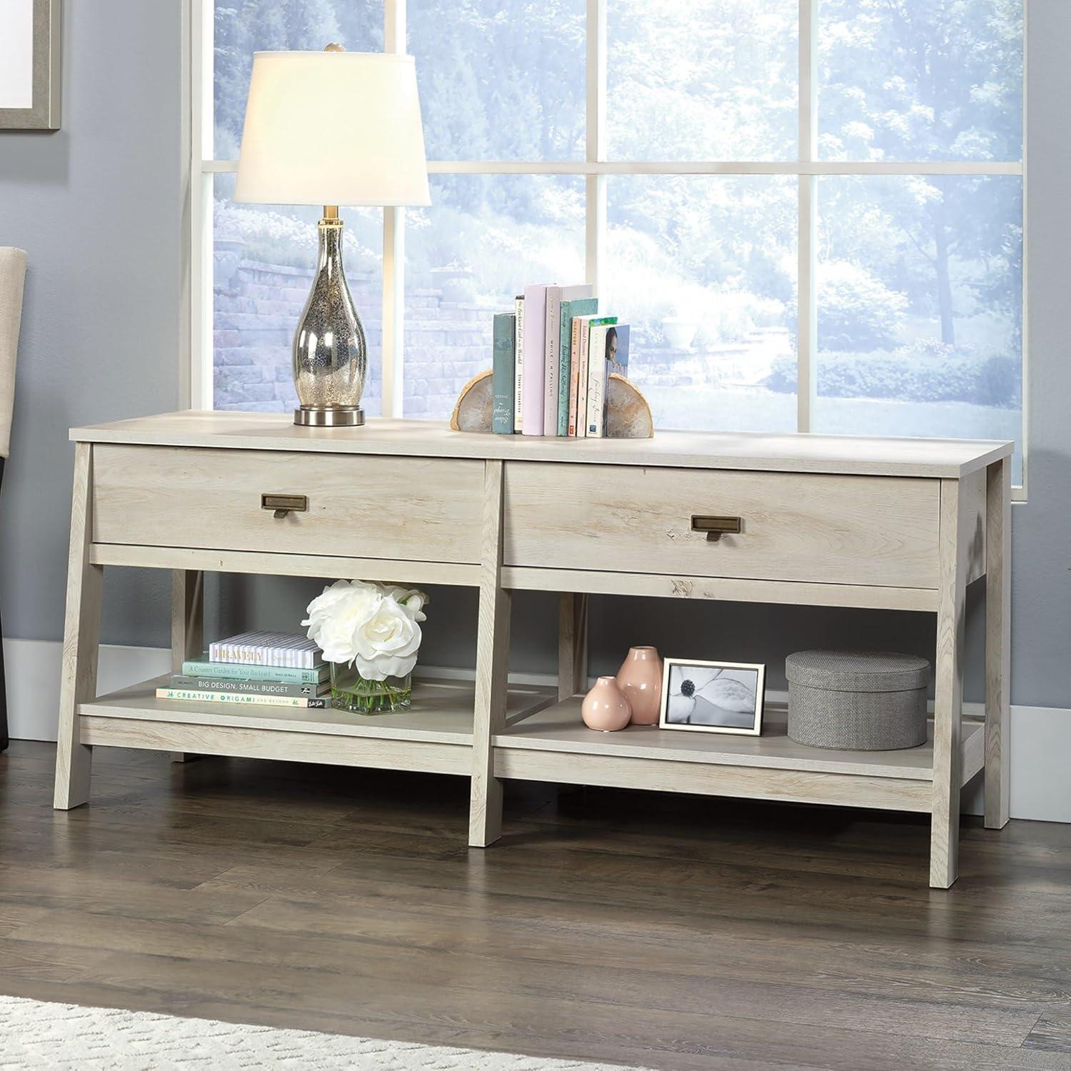 Sauder Trestle TV Stand with Drawers and Shelves for TVs up to 60", Chalked Chestnut Finish