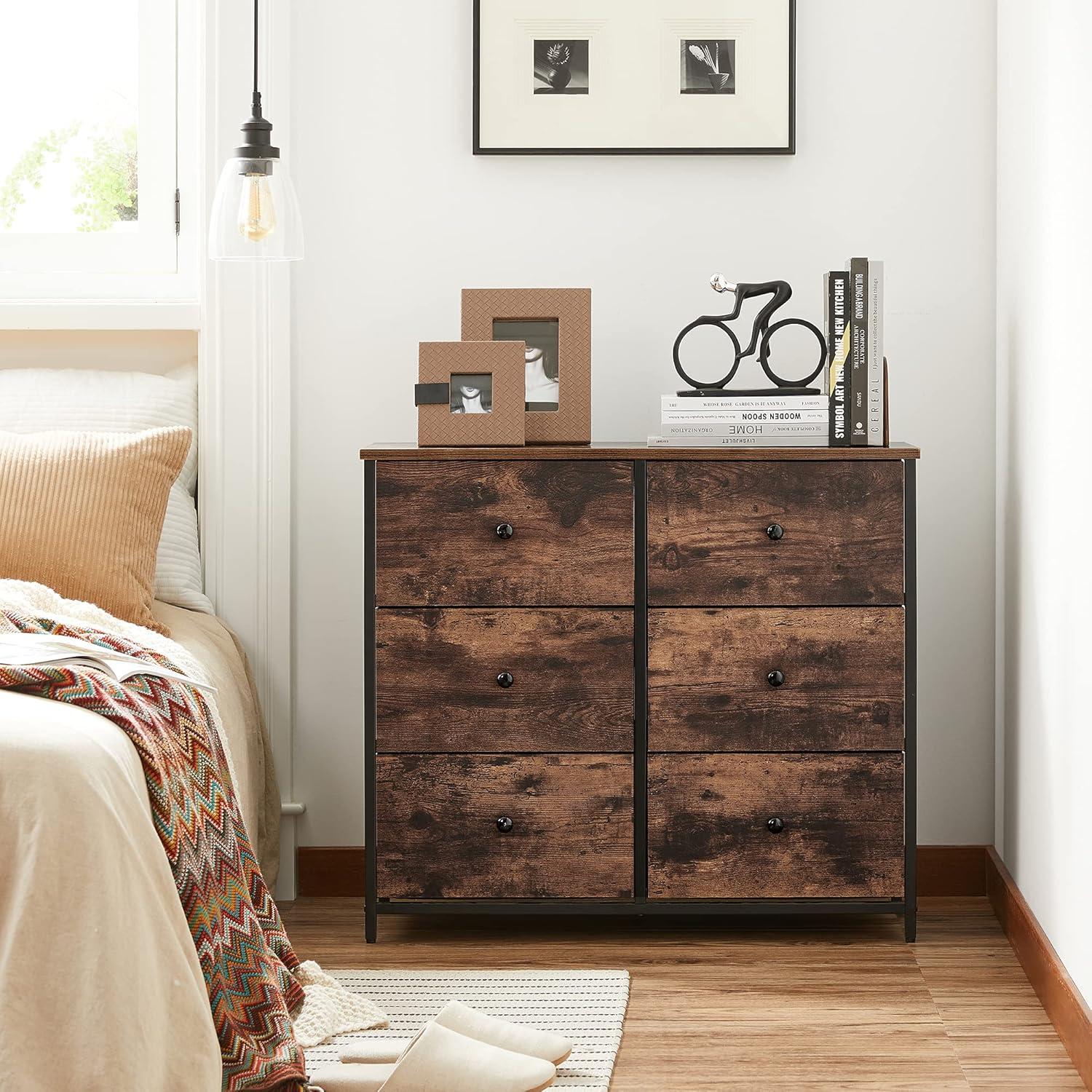 Rustic Brown and Black 6-Drawer Fabric Dresser with Metal Frame