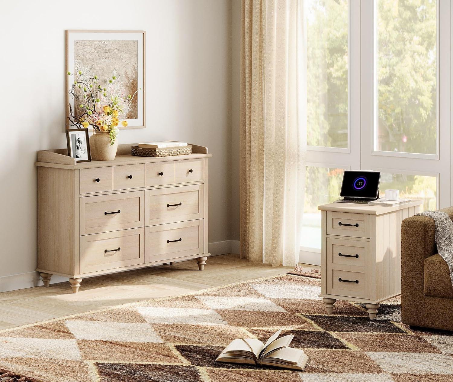 WAMPAT Beige End Table with Charging Station, Narrow Side Table with 1 Drawer &1 Storage Cabinet, Mid Century Modern Nightstand with Power Outlets & USB Ports for Living Room, Bedroom