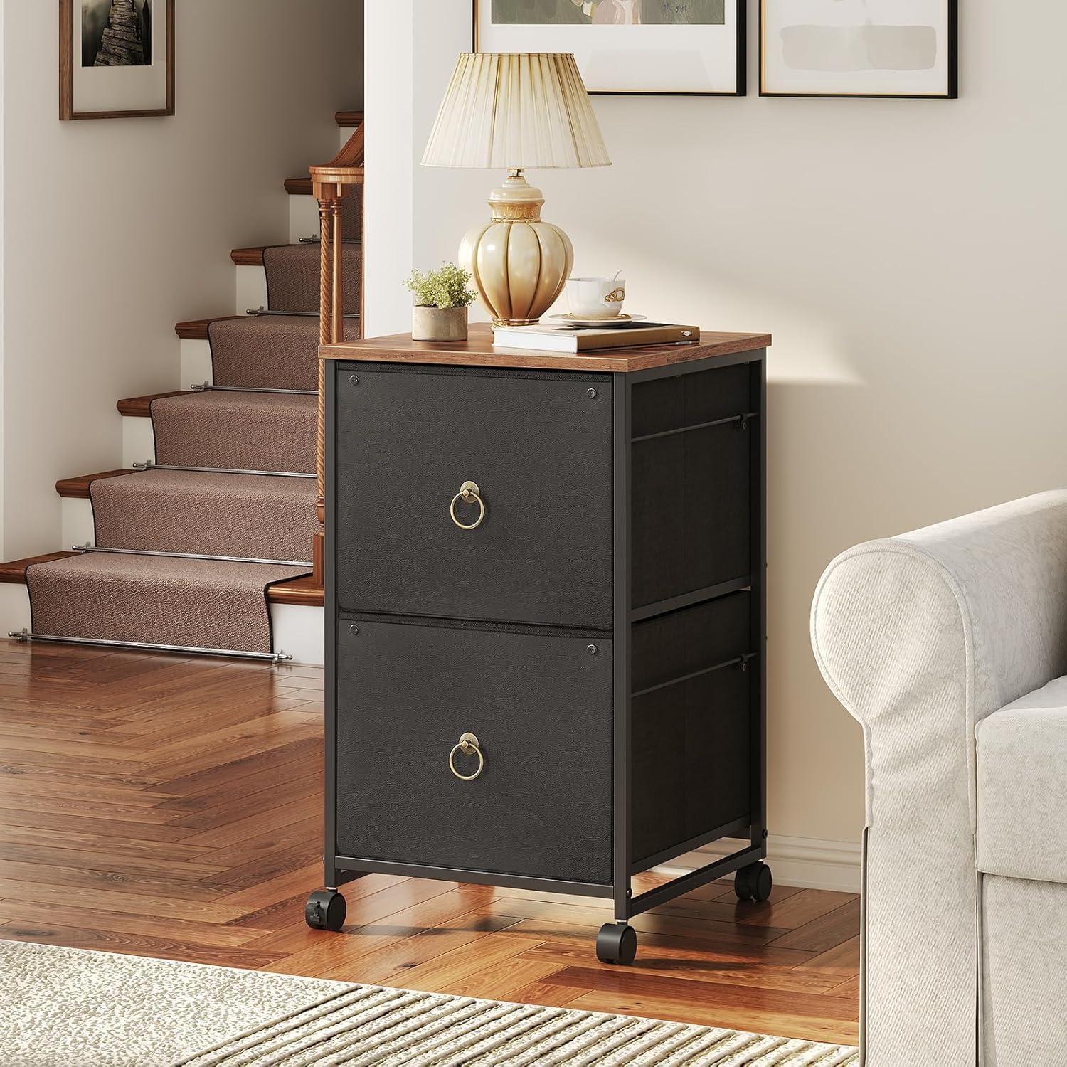 Black and Rustic Brown 2-Drawer Mobile File Cabinet with Lock