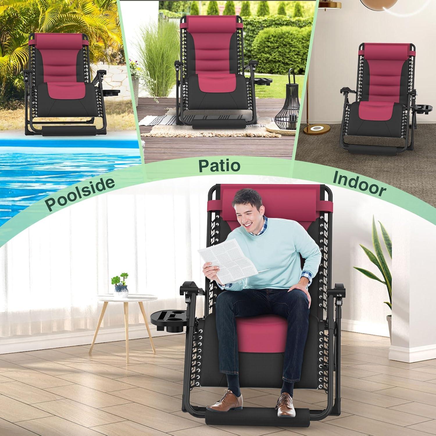 Suteck Oversized Zero Gravity Chair 29In XL Reclining Camping Chair w/Build-in Cushion, Outdoor Lounge Chairs Patio Recliner with Larger Cup Holder Footrest Padded Headrest, 330LBS, Claret&Black