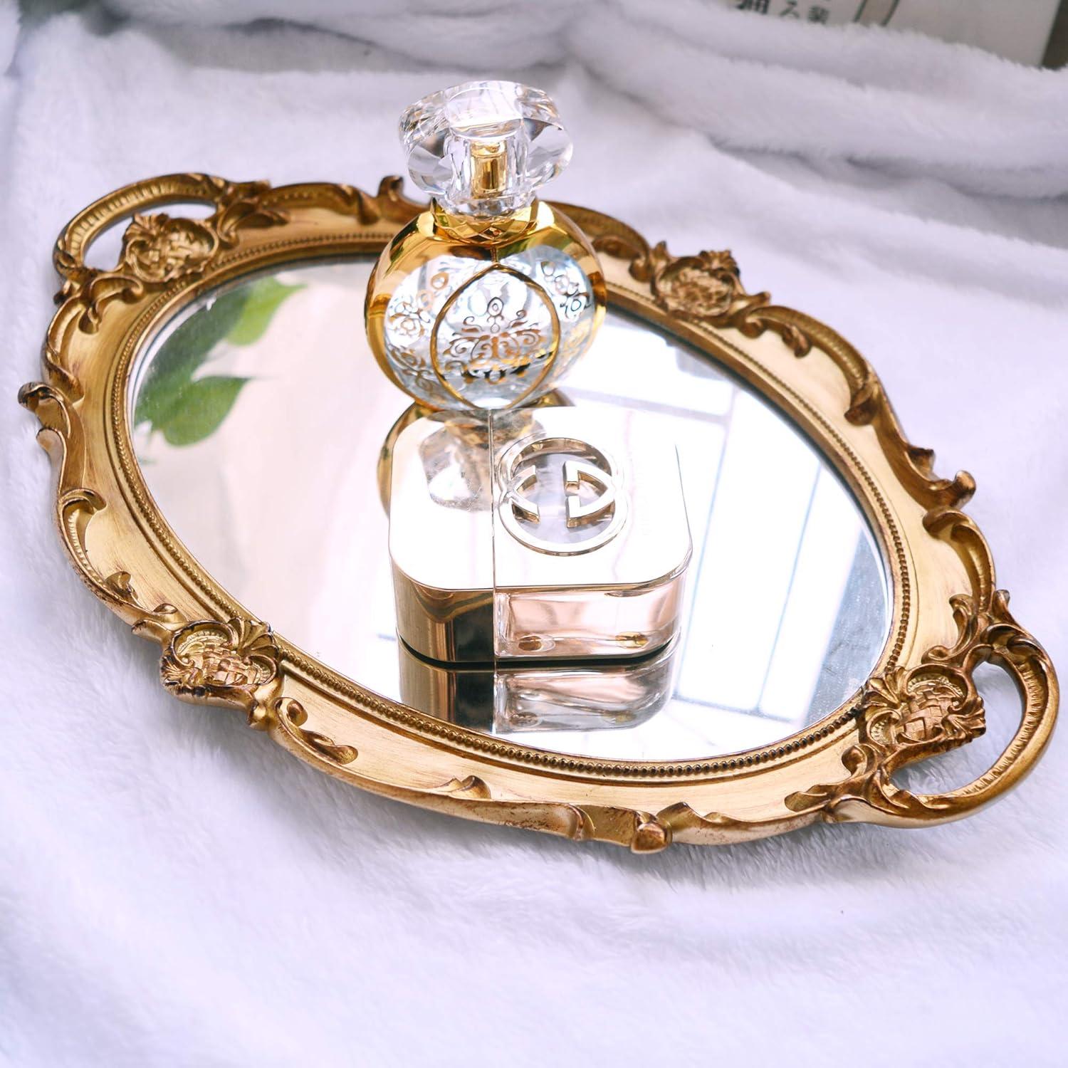PortPlugs Mirrored Tray,Decorative Mirror for Perfume Organizer Jewelry Dresser Organizer Tray & Display,Vanity Tray,Serving Tray,9.8'' x 14''(Gold)