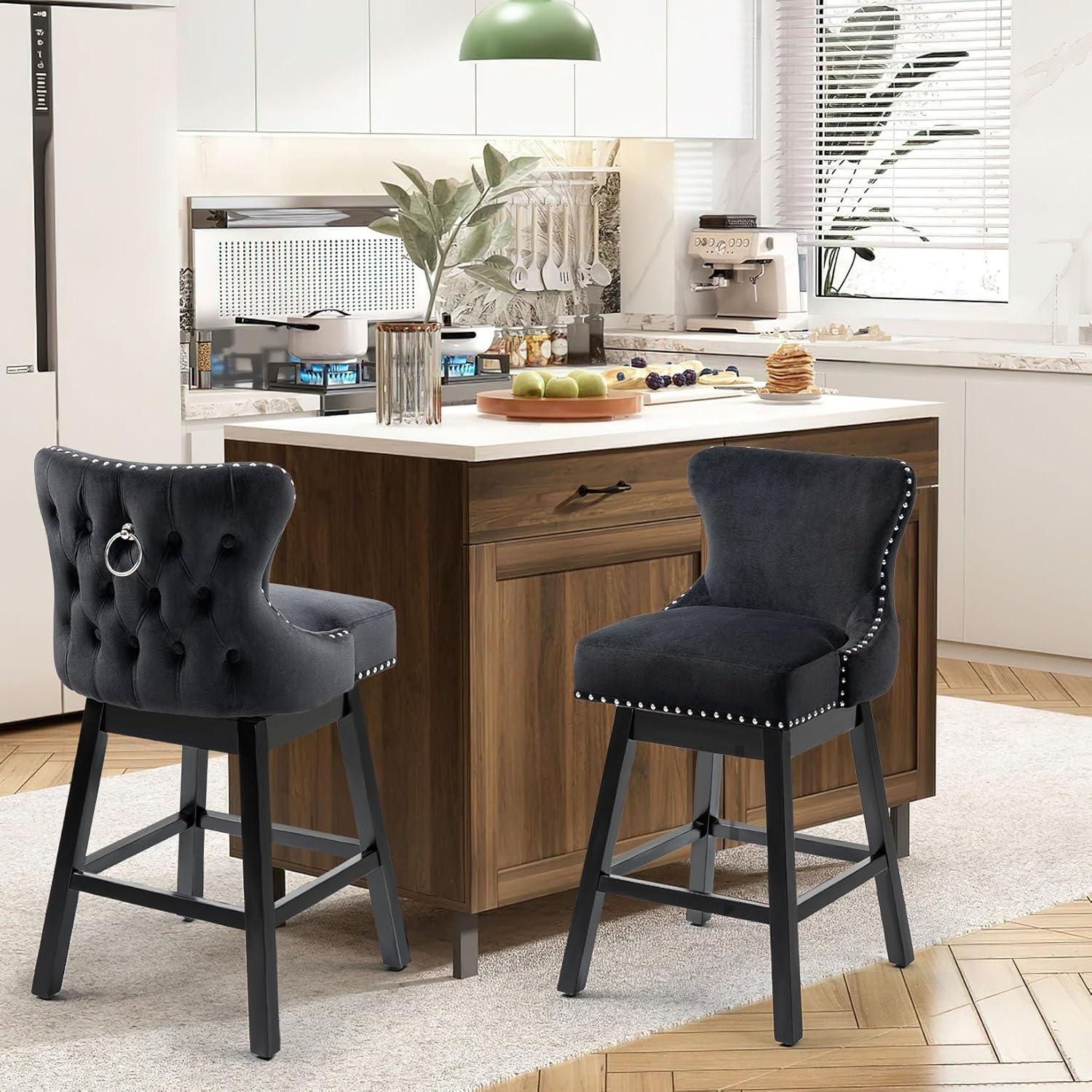 29" Black Velvet Upholstered Swivel Bar Stools with Wood Frame, Set of 2