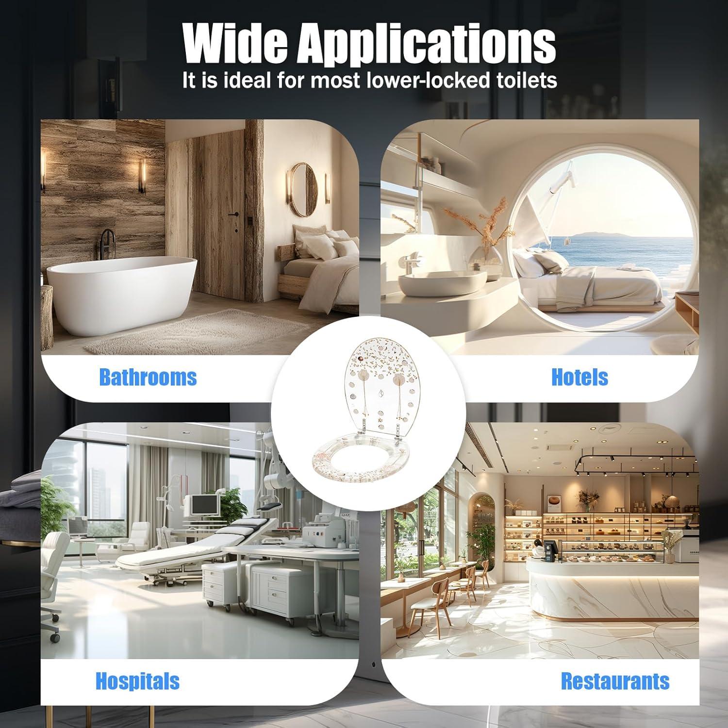 Transparent Resin Shell Polyresin Toilet Seat, Decoration Transparent Safety U/V Shape Seashell Sea Plants Decor Bathroom Toilet Seat with Hinges