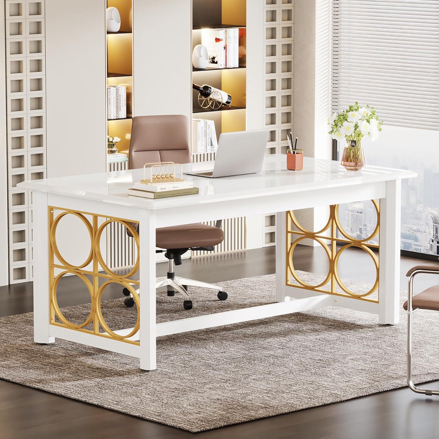 Glossy White and Gold Executive Office Desk with Geometric Design