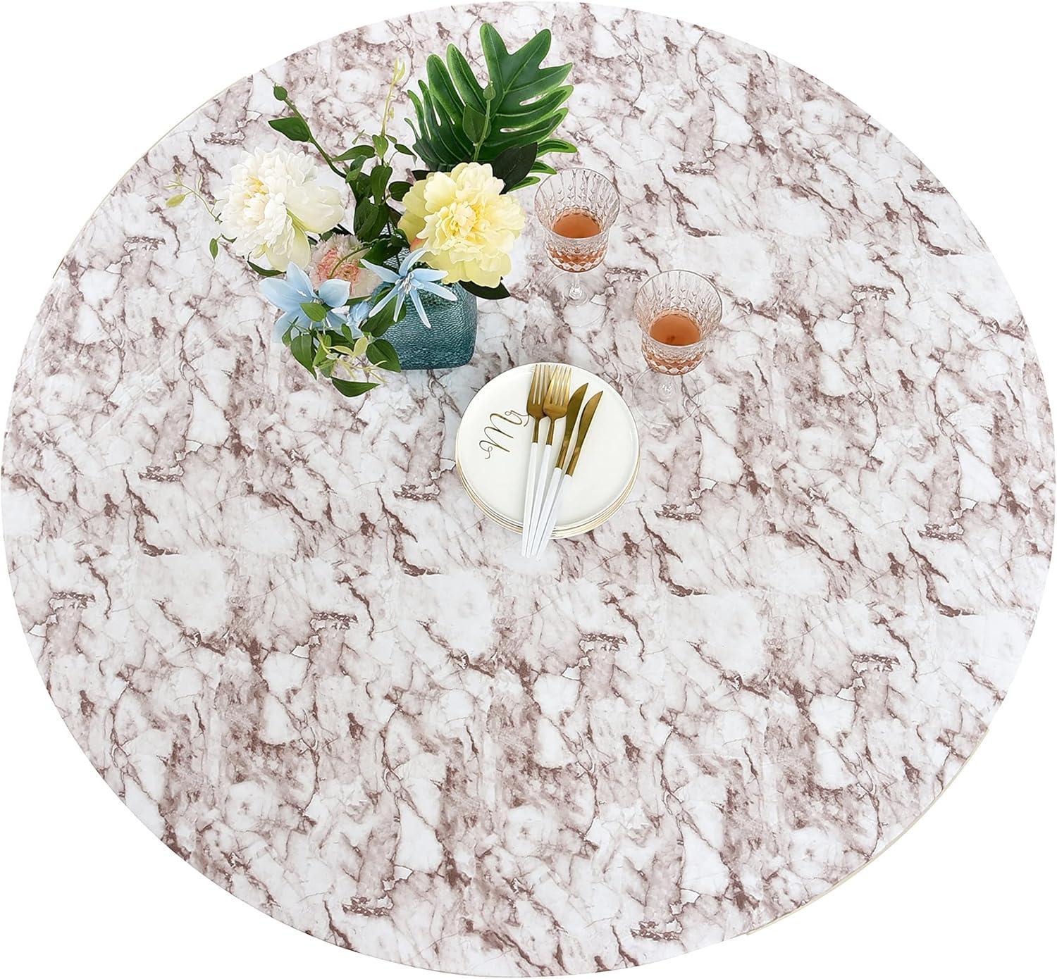 Rally Home Goods Indoor Outdoor Patio Round Fitted Vinyl Tablecloth, Flannel Backing, Elastic Edge, Waterproof Wipeable Plastic Cover, Beige Marble Pattern for 5-Seat Table of 36-42’’ Diameter