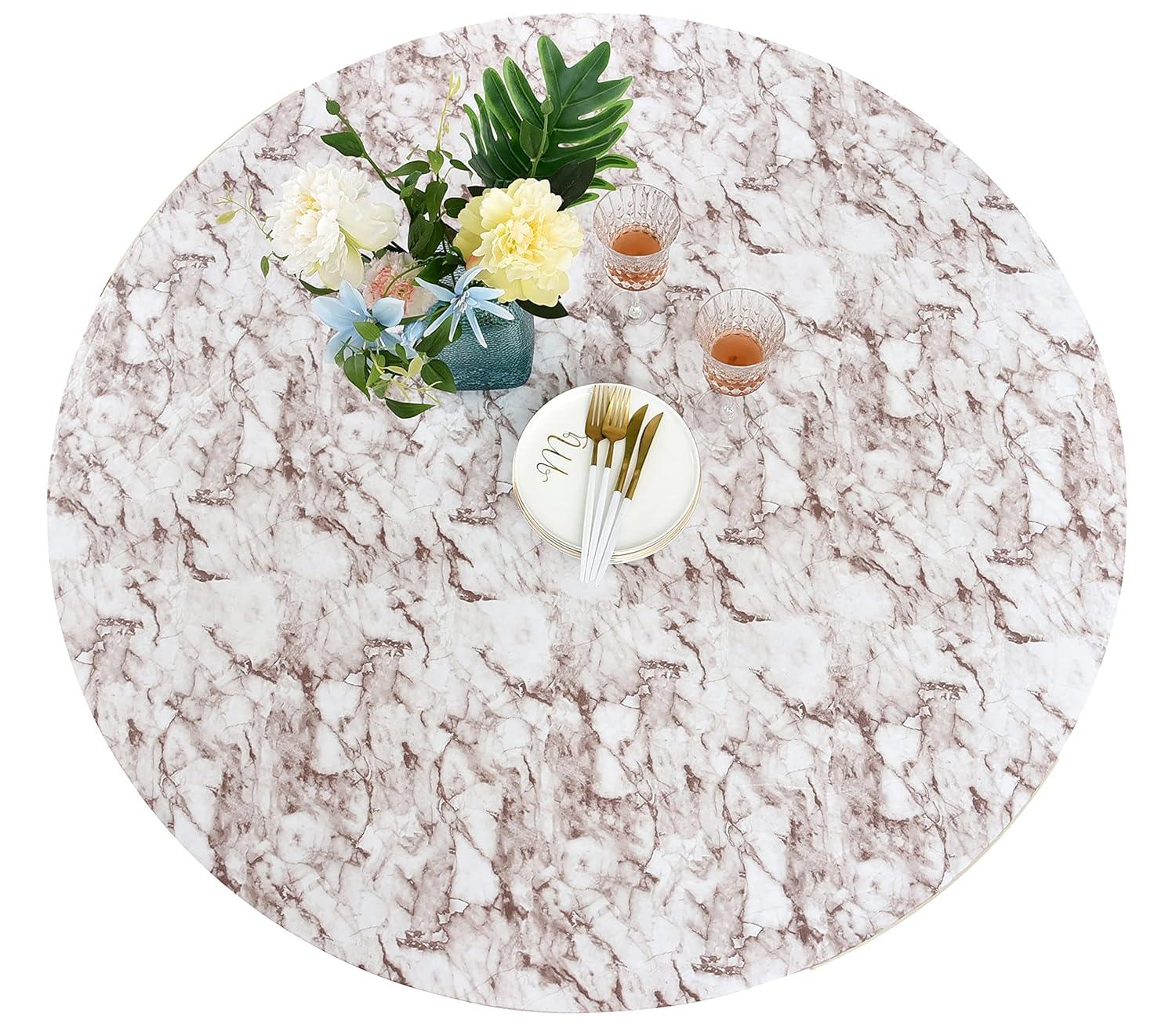 Rally Home Goods Indoor Outdoor Patio Round Fitted Vinyl Tablecloth, Flannel Backing, Elastic Edge, Waterproof Wipeable Plastic Cover, Beige Marble Pattern for 5-Seat Table of 36-42’’ Diameter