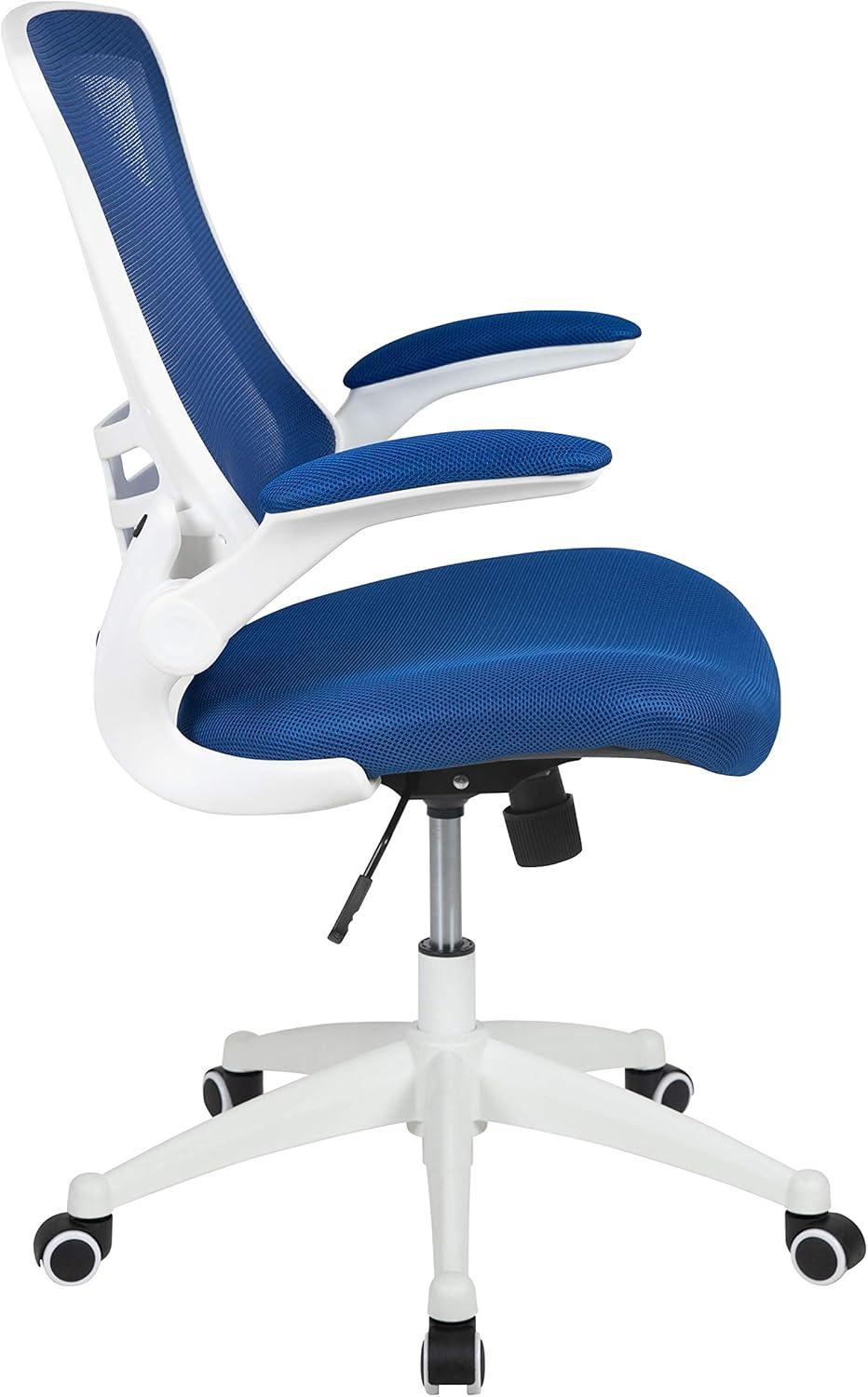 Flash Furniture Kelista Mid-Back Blue Mesh Swivel Ergonomic Task Office Chair with White Frame and Flip-Up Arms