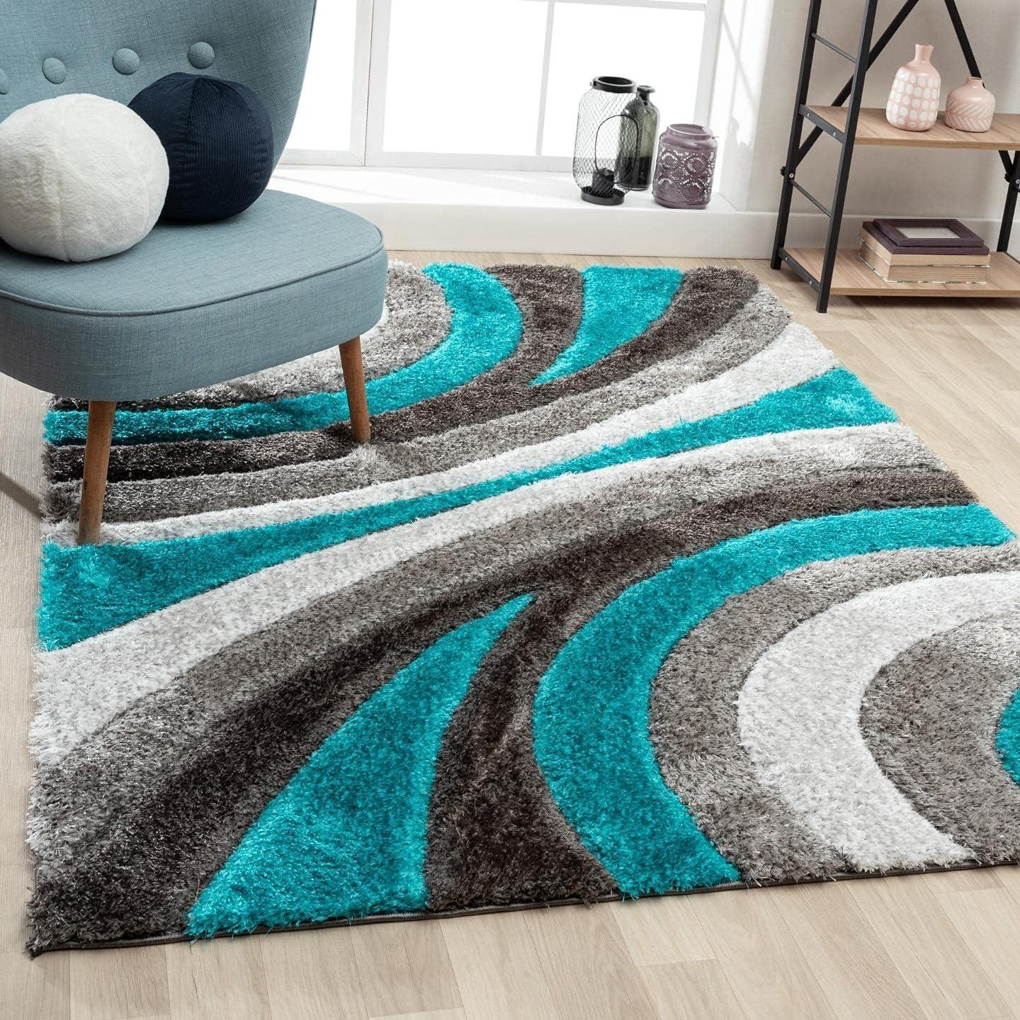 Turquoise and Gray Geometric Shag 5' x 7' Area Rug