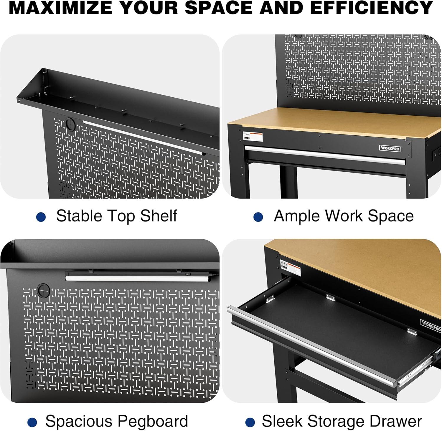 WORKPRO 45'' Black Steel Workbench with Pegboard and Storage