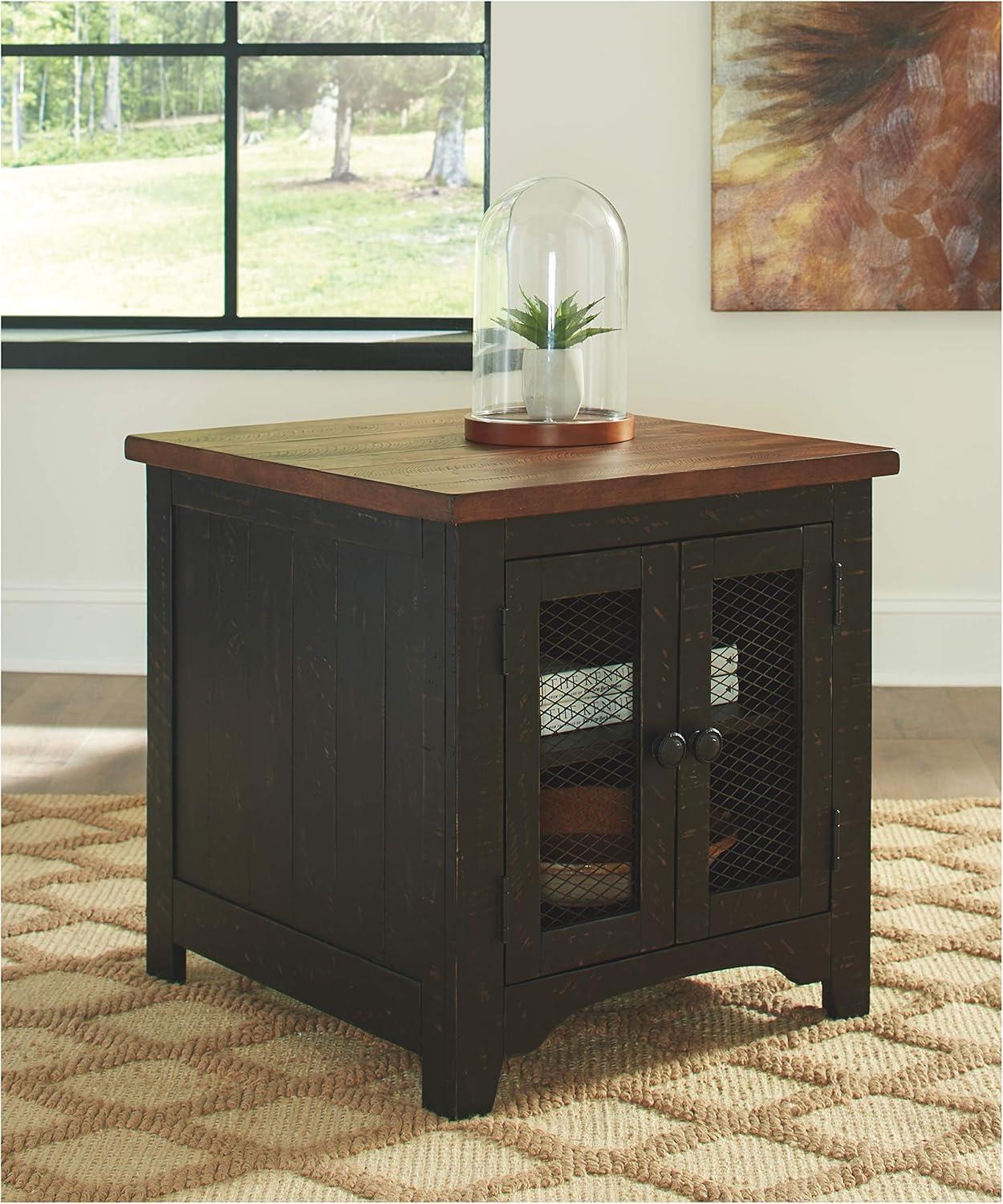 Valebeck Vintage Black and Brown Rectangular End Table with Interior Shelves