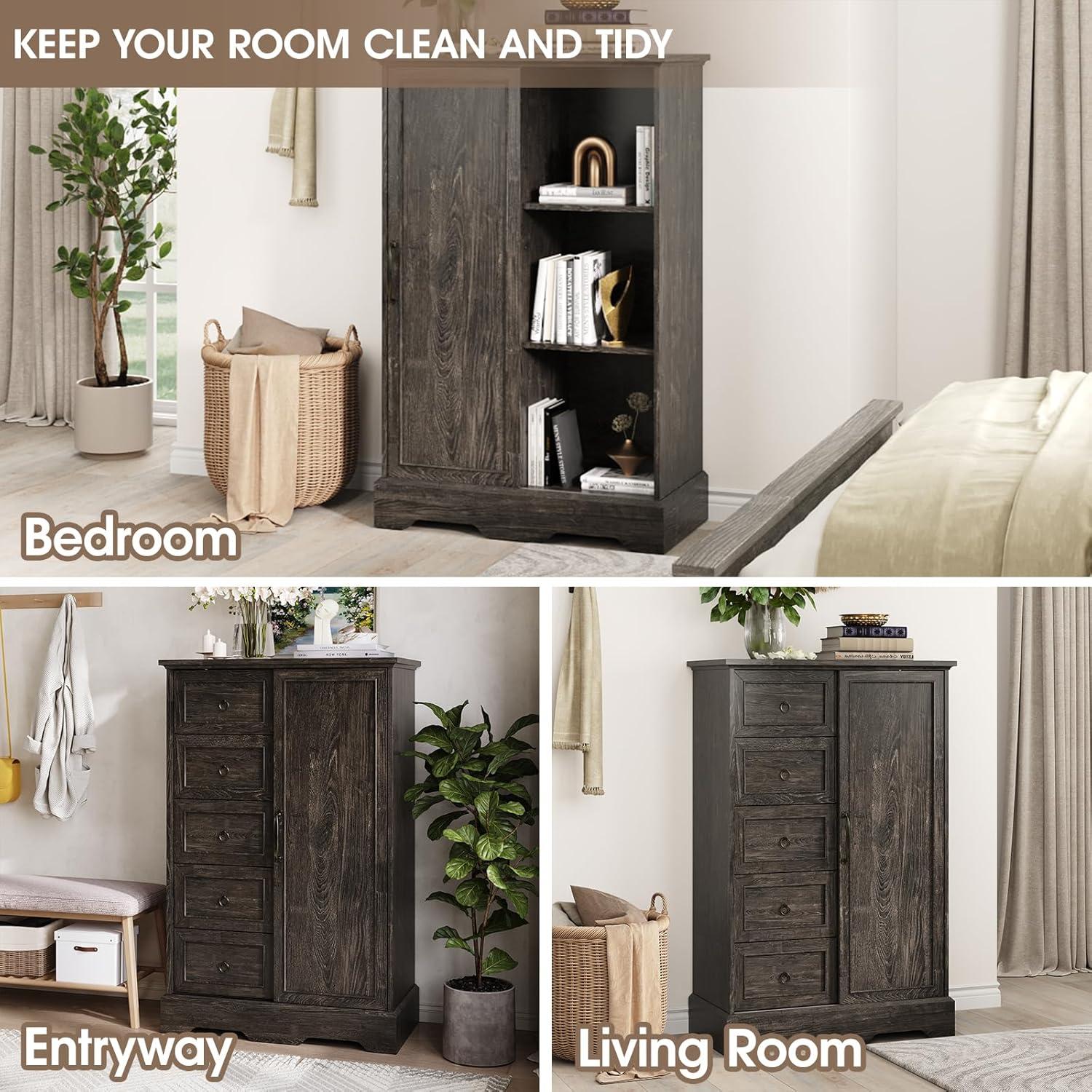 Gracie Oaks 5 Drawers Dresser With Cabinet, 48" Tall Chest, Wooden Closet Dresser With Sliding Barn Door For Living Room, Hallway