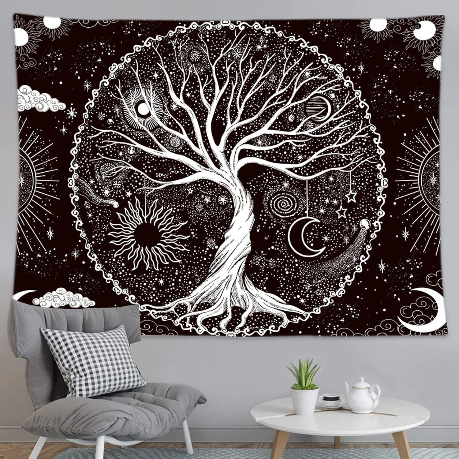 BCIIG Tree of Life Tapestry Wall Hanging Black and White Wishing Tree Galaxy Space Sun & Moon Tapestry Psychedelic Mystical Aesthetics Wall Hanging Living Room Bedroom Cosmic Tree