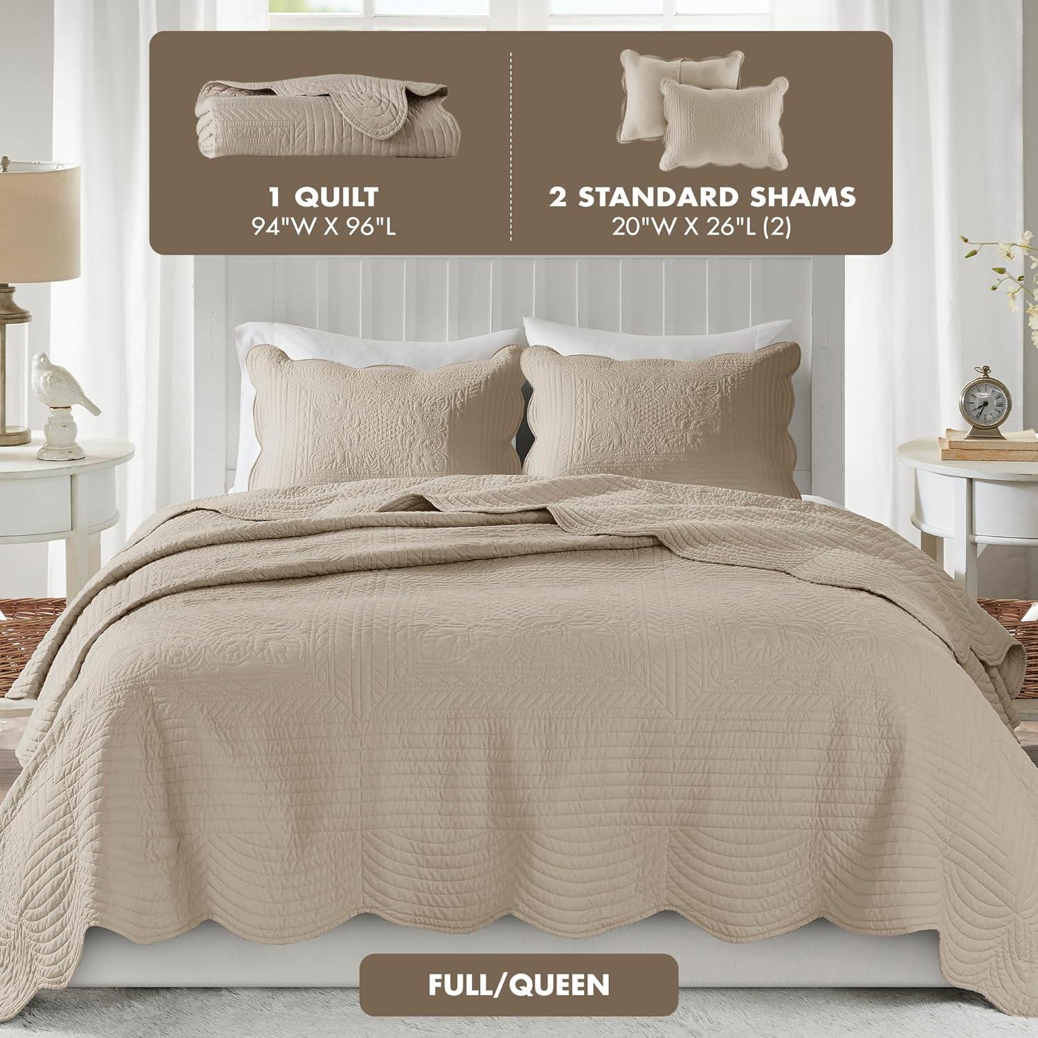 Madison Park 3pc Full/Queen Genoa Reversible Scalloped Edge Quilt Set Khaki