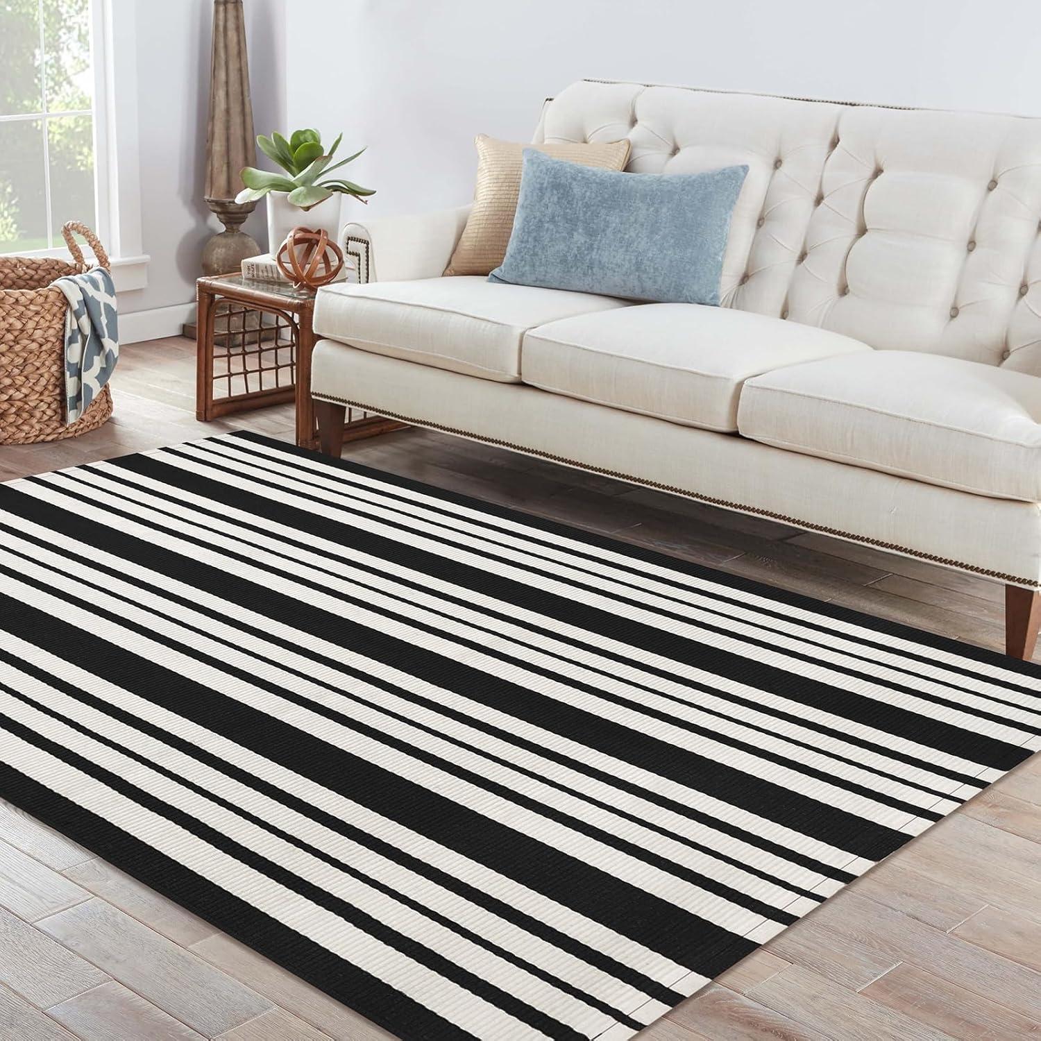 IOHOUZE Navy and White Striped Rug 2'x3' Front Door Rugs, Small Washable Area Rug for Front Porch, Spring Summer Doormats Outdoor Indoor, Cotton Rugs for Entryway Porch Entrance
