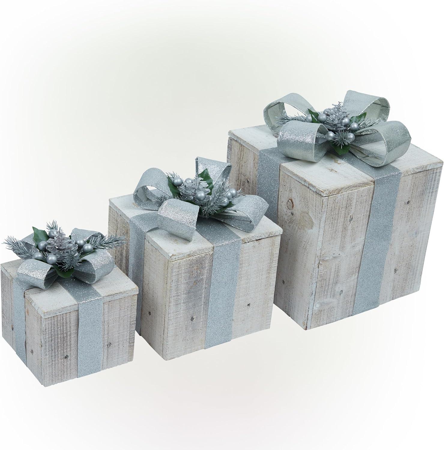 Alpine Corporation Set of 3 Assorted Size Wooden Light-Up Holiday Gift Boxes Decor, Silver