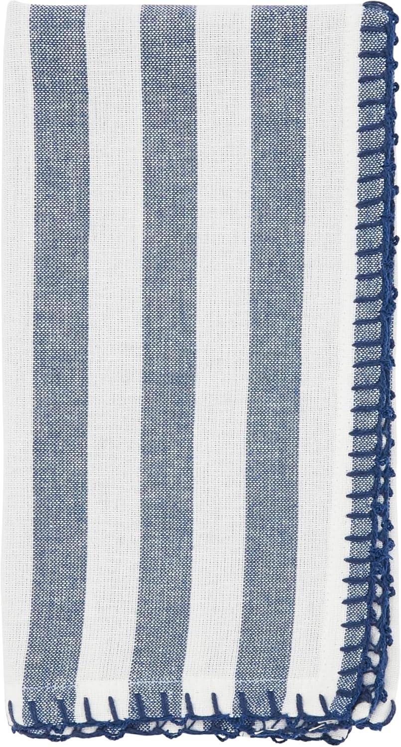 Navy and White Striped Cotton Napkins with Pompom Border, Set of 4