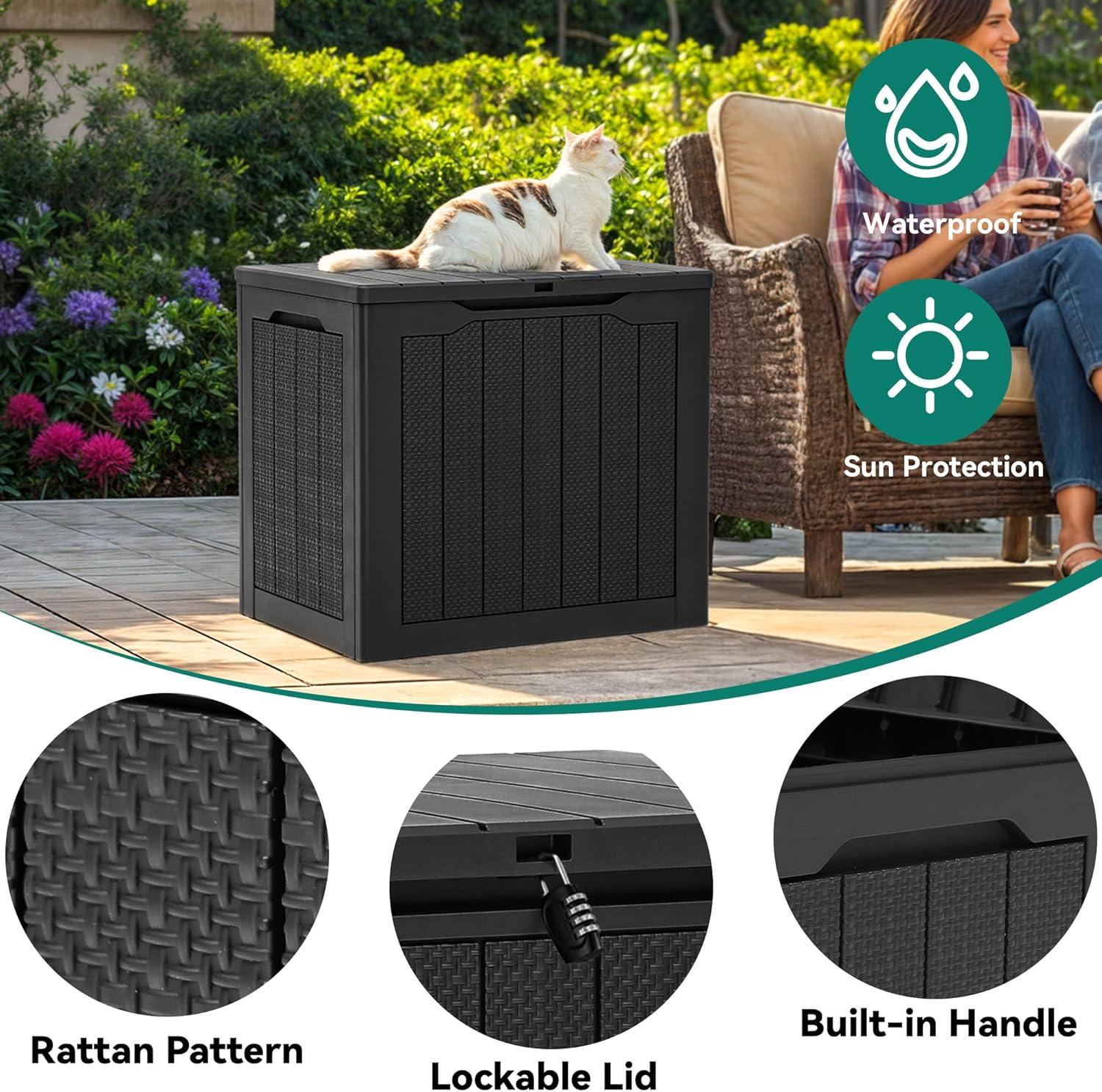 YITAHOME 32 Gallon Rattan Deck Box, Indoor Outdoor Storage Box for Patio Furniture, Pool Accessories, Cushions, Garden Tools, Sports Equipment, Waterproof Resin with Lockable Lid & Side Handles, Black