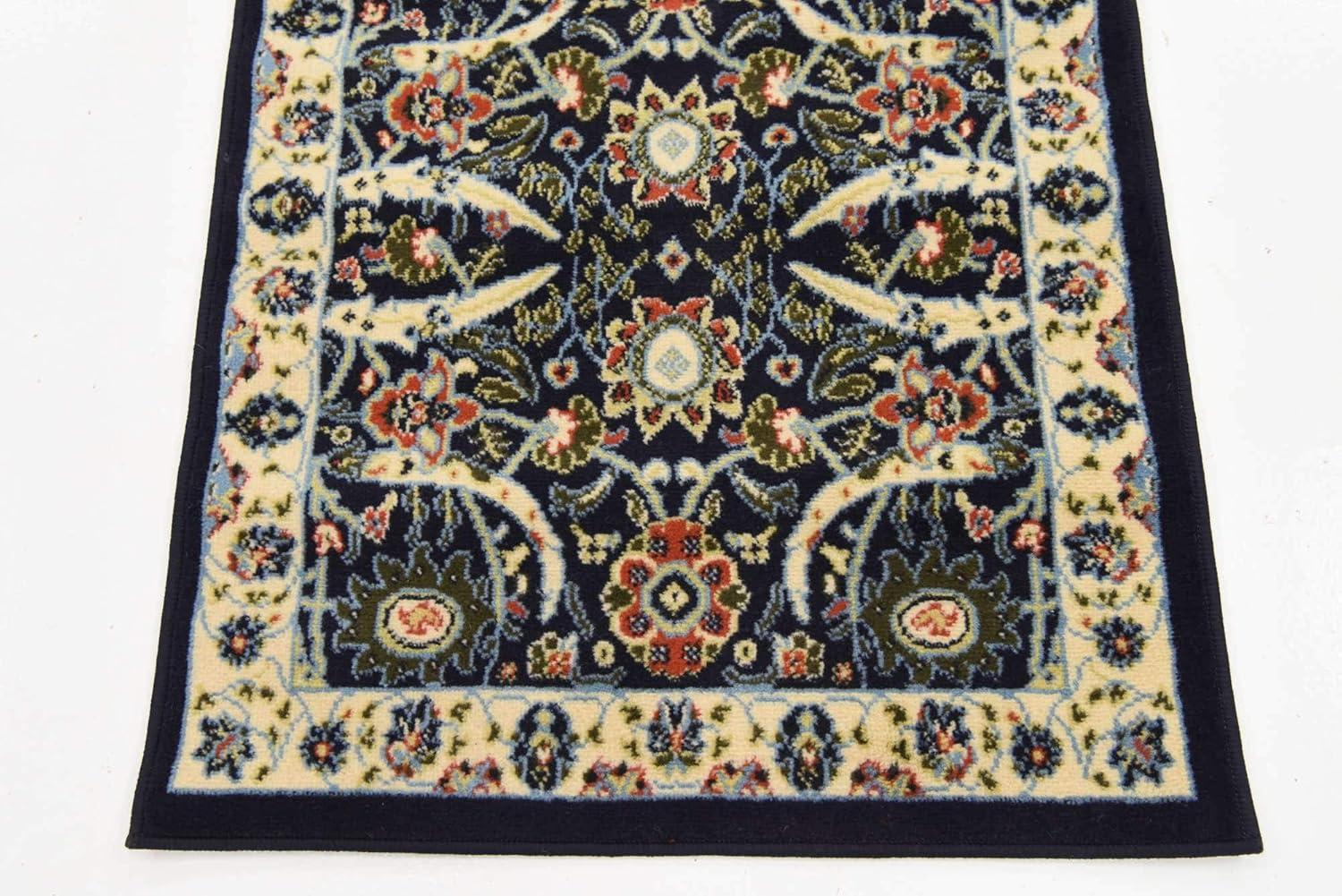 2.5' x 10' Navy Blue and Beige Floral Rectangular Area Throw Rug Runner