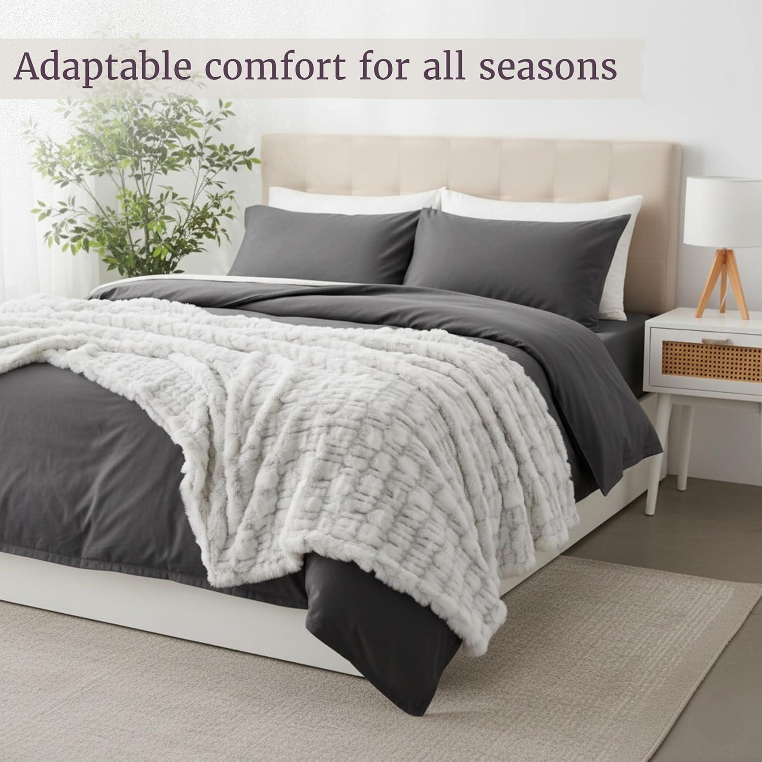 Oversized Ruched Faux Fur Blanket - 60x80-Inch Jacquard Faux Fur Queen-Size Throw for Sofas and Beds - Luxurious Bedding by Lavish Home