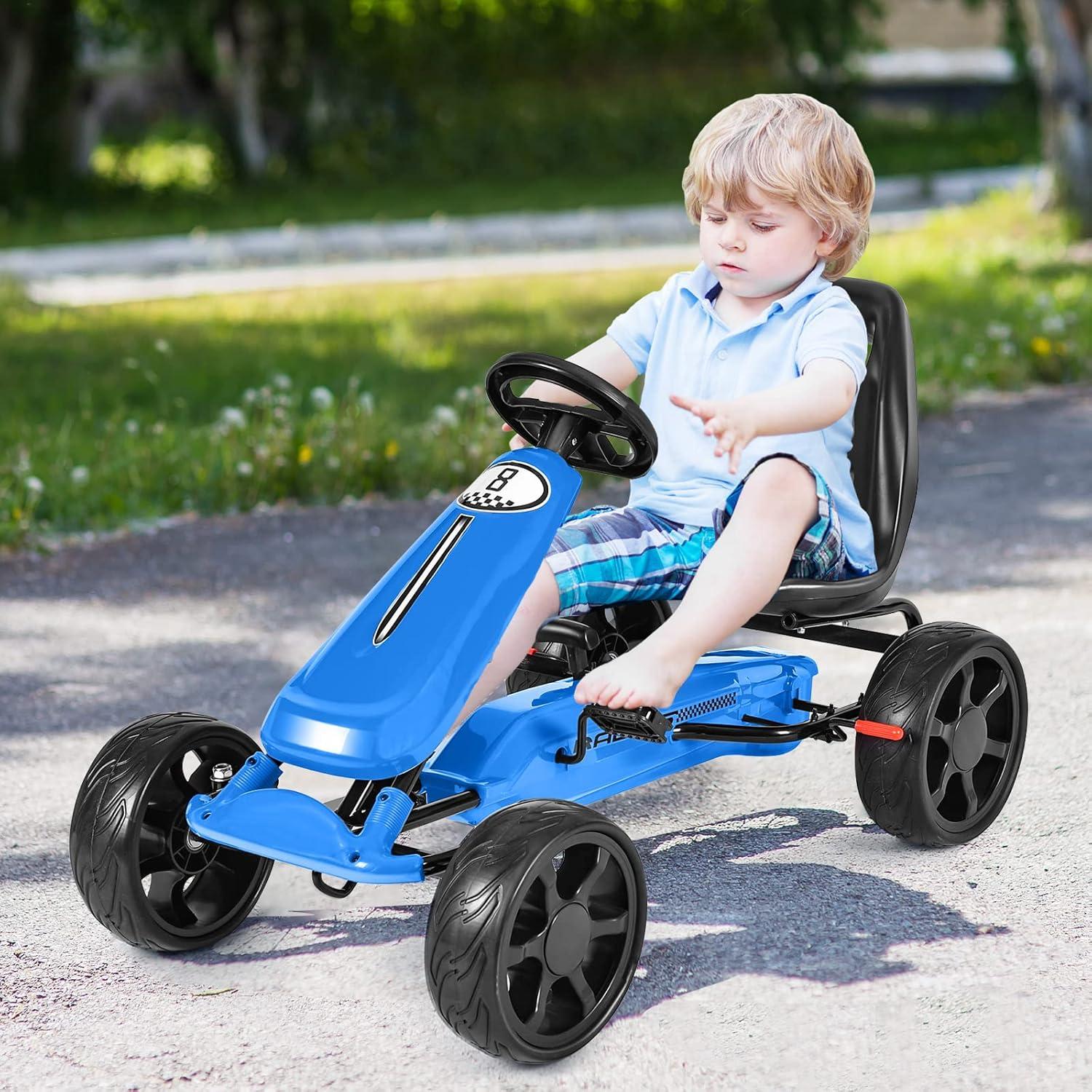 Costway Xmas Gift Go Kart Kids Ride On Car Pedal Powered Car 4 Wheel Racer Toy Stealth Outdoor Blue