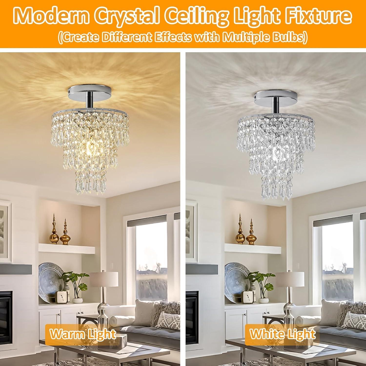 Modern Mini Crystal Chandelier, 3-Tier Raindrops Design Small Chandelier Light Fixture, Flush Mount Ceiling Light Fixture for Bedroom, Hallway, Living Room - E26 Base, Chandelier for Bedroom (Gold)