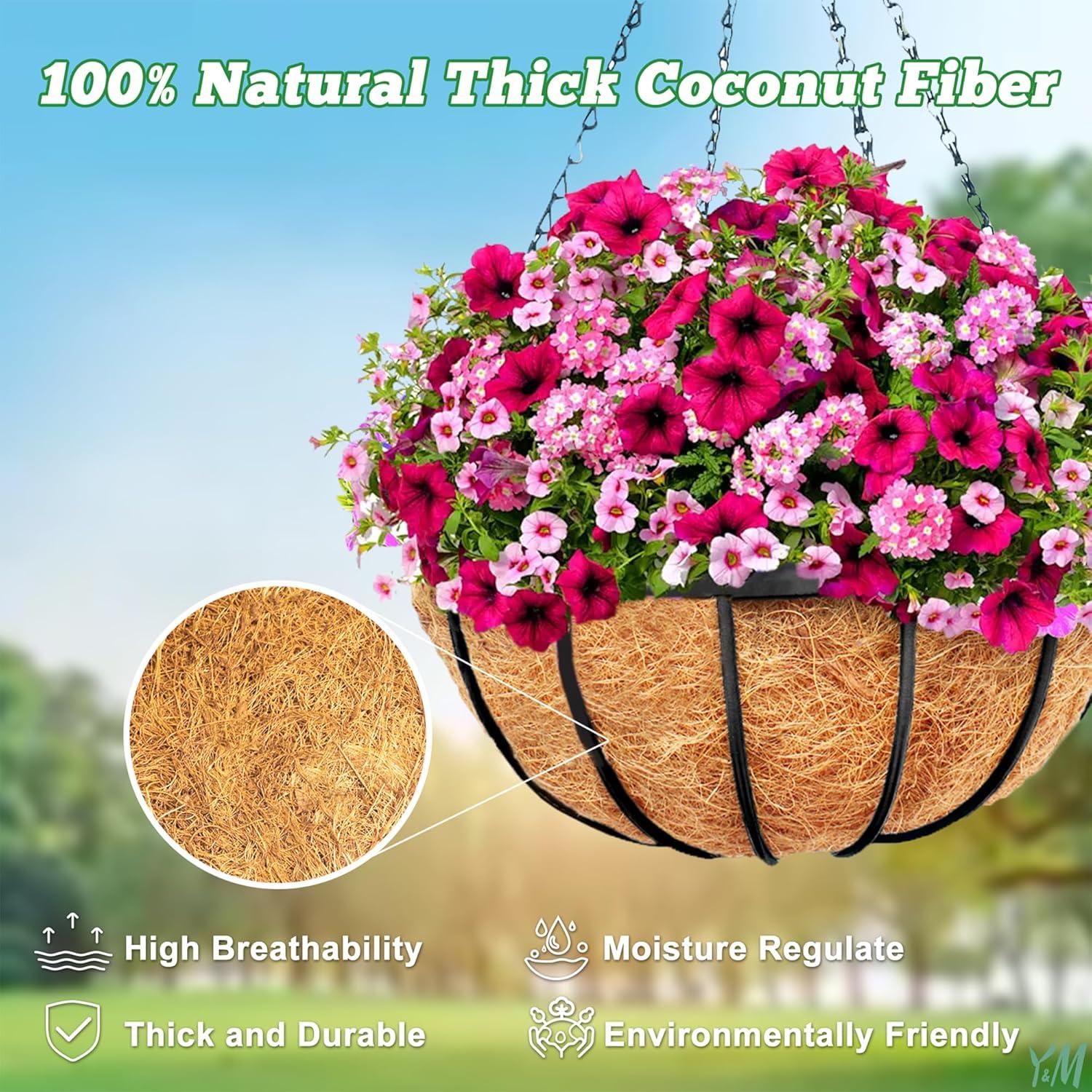 4 PCS Round Flower Pot Coconut Basket,Casewin Hanging Basket Coco Liner Natural Coconut Planter Basket Liner for Hanging Baskets at Indoor Outdoor Garden Porch Balcony (14 Inch)