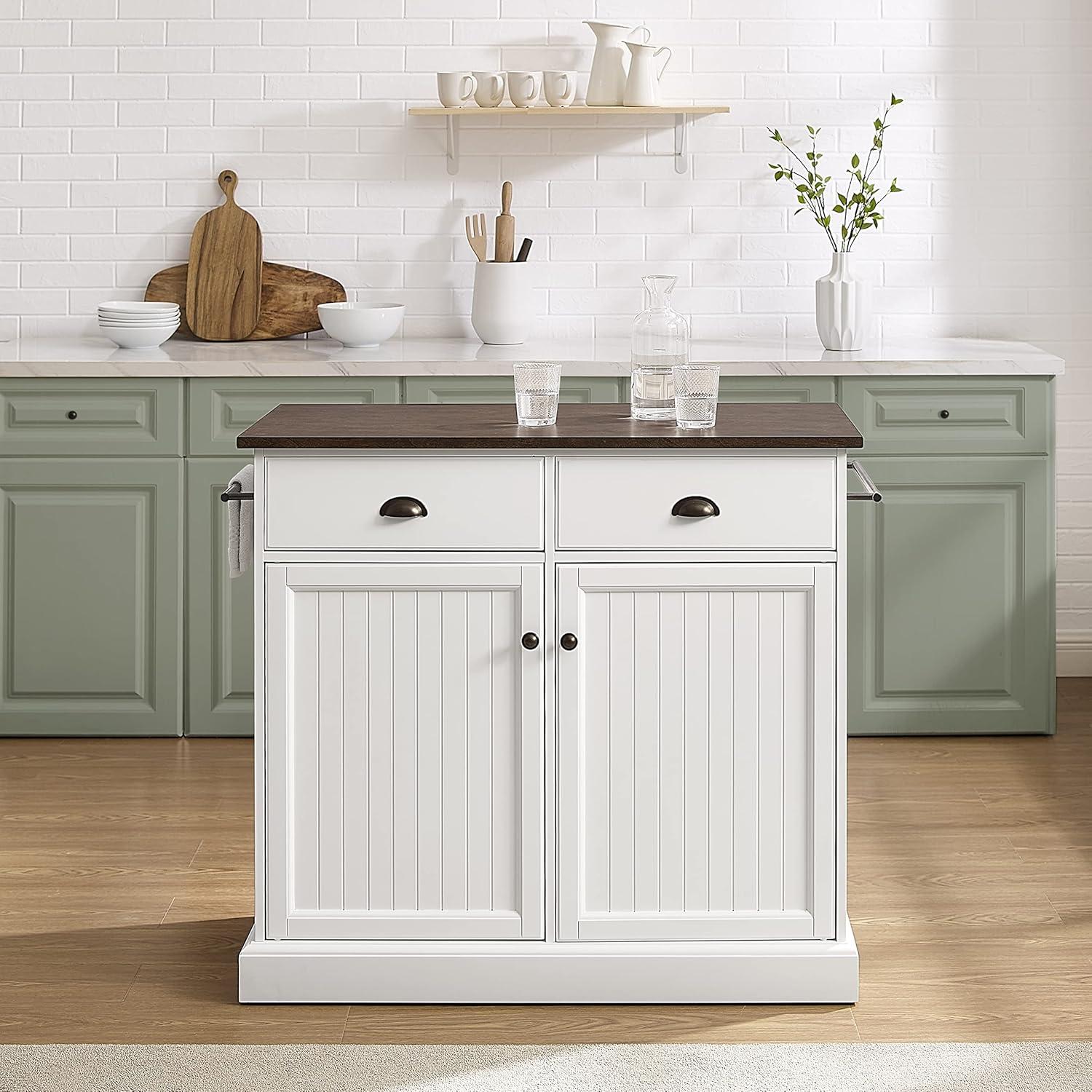 Crosley Shoreline Kitchen Island White/Dark Brown: Adjustable Shelves, Towel Bar, MDF & Veneer Storage Cart