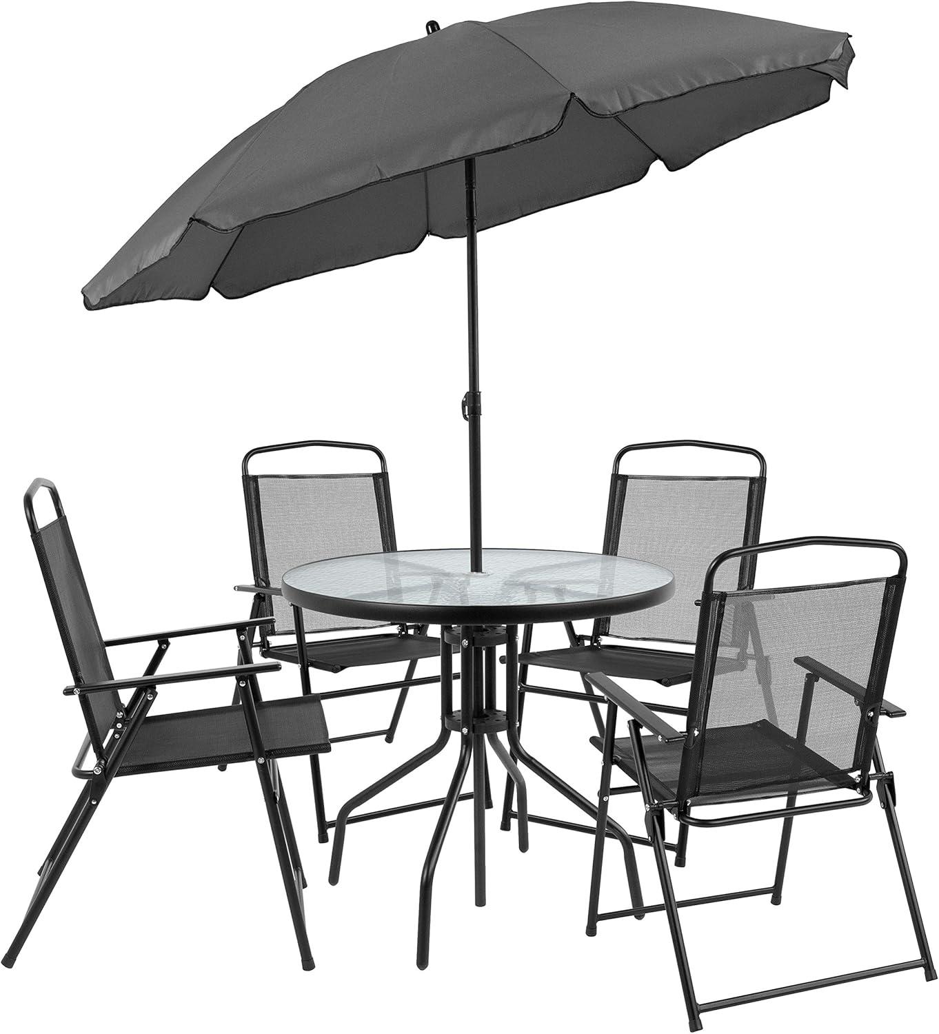 Flash Furniture Nantucket 6 Piece Patio Garden Set with Table, Umbrella and 4 Folding Chairs