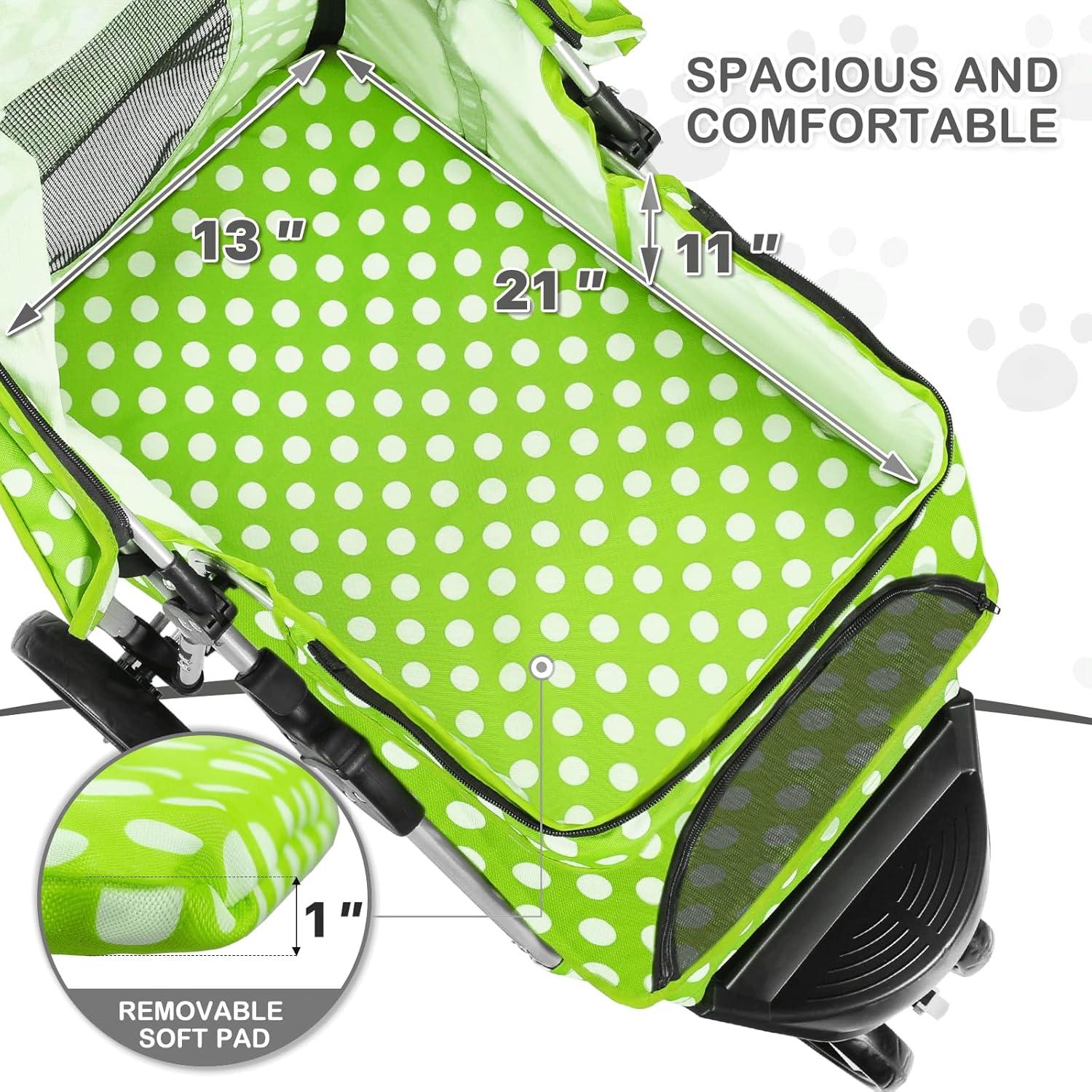 MoNiBloom 3 Wheel Folding Pet Dog Stroller, Foldable Lightweight Trolley with Storage Basket, Cup Holder and 360° Rotating Front Wheel for Small Medium Dogs, Lawn Green with White Polka Dots