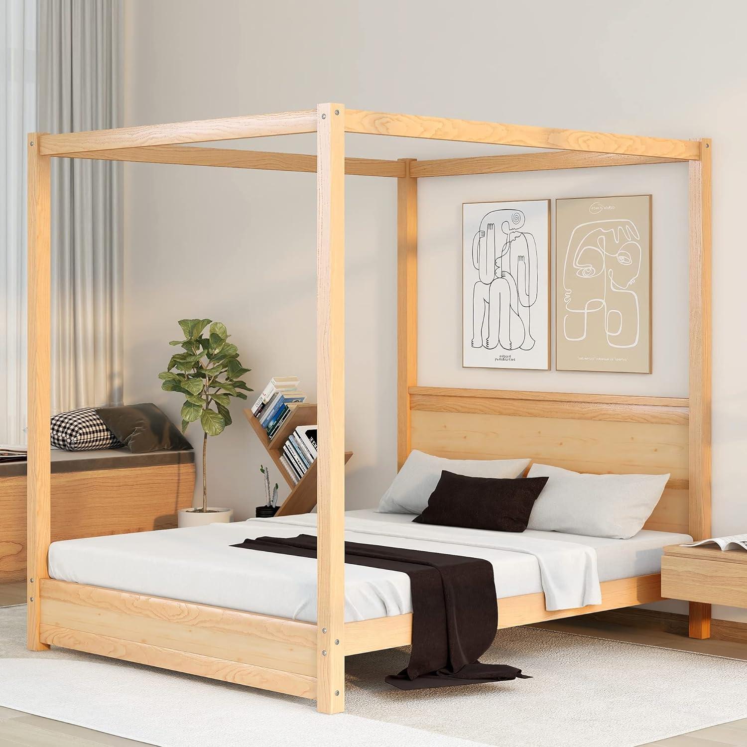 Natural Pine Queen Canopy Platform Bed with Headboard