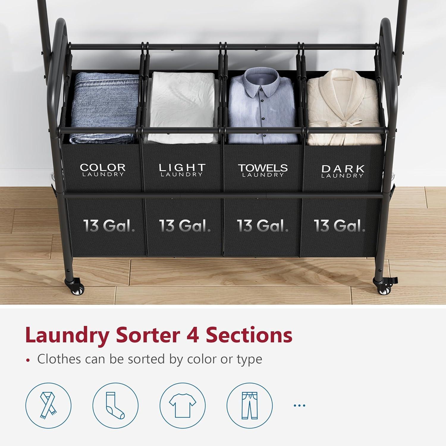 Black Metal Laundry Sorter Cart with Hanging Rack and Wheels