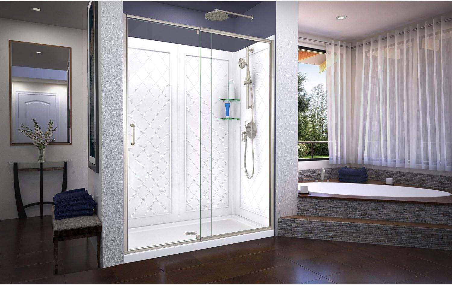 DreamLine Flex 30 in. D x 60 in. W x 76 3/4 in. H Semi-Frameless Shower Door in Brushed Nickel with Center Drain Base, Backwalls