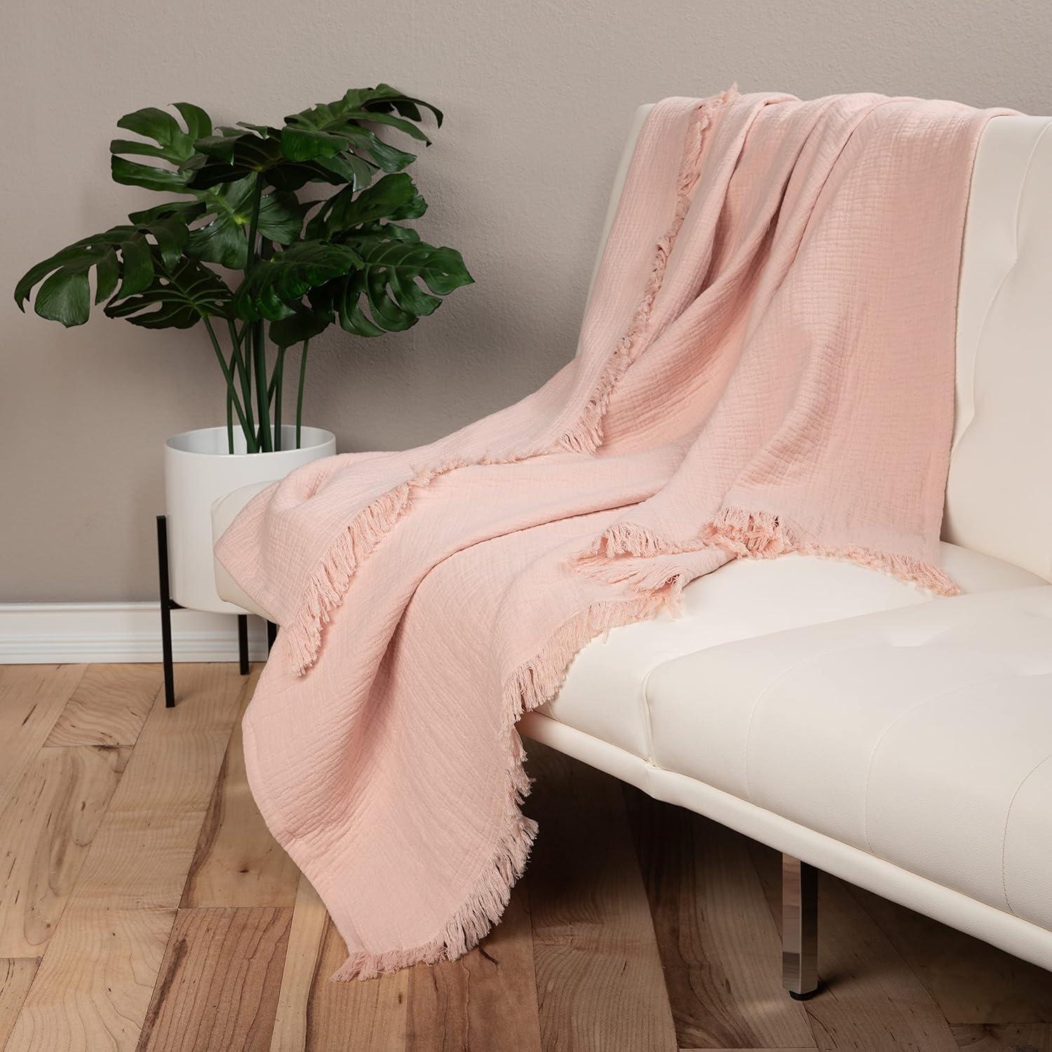 Blush Pink Cotton Muslin Throw Blanket with Fringe, 50x60 in