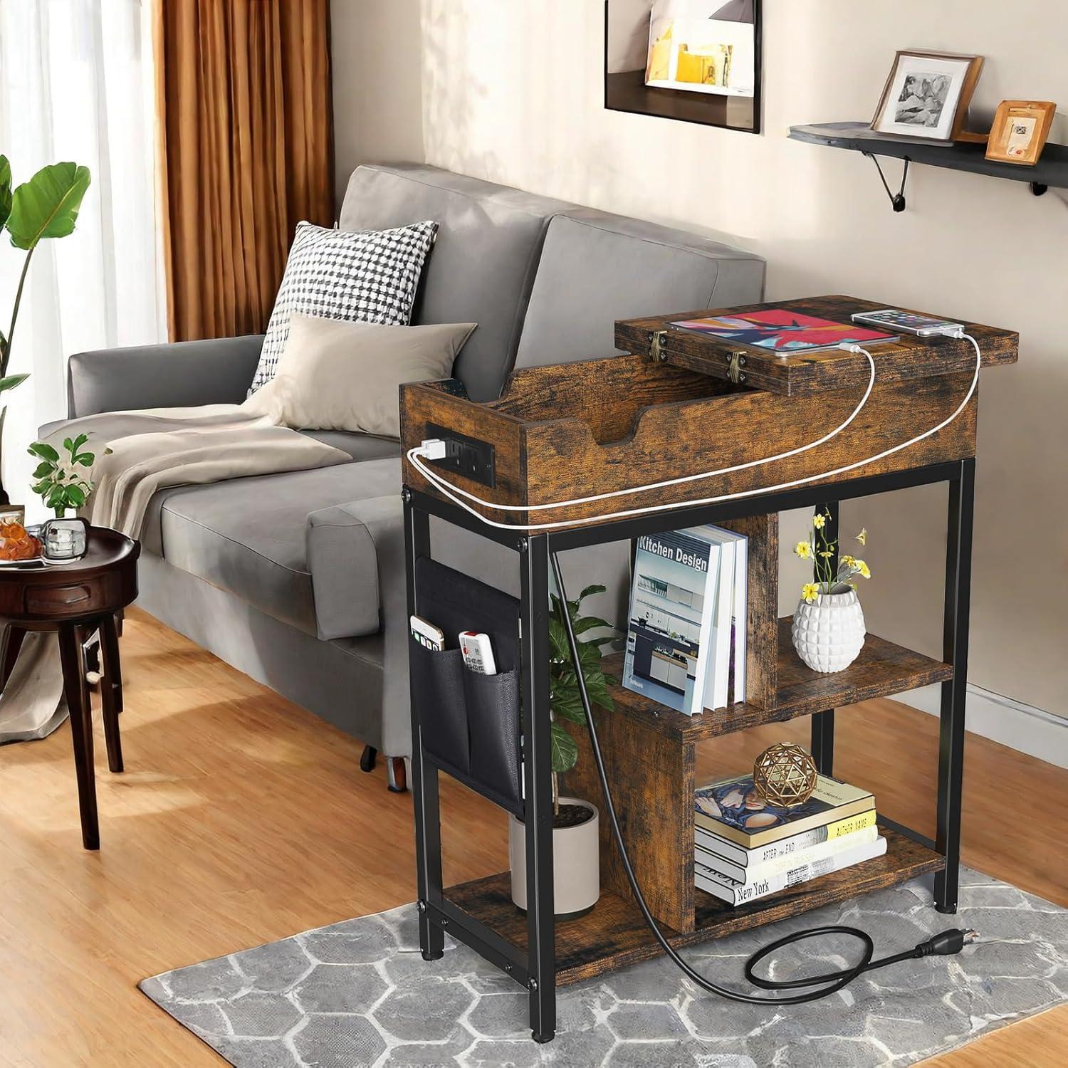 Rustic Brown and Black Side Table with Charging Station and Shelves