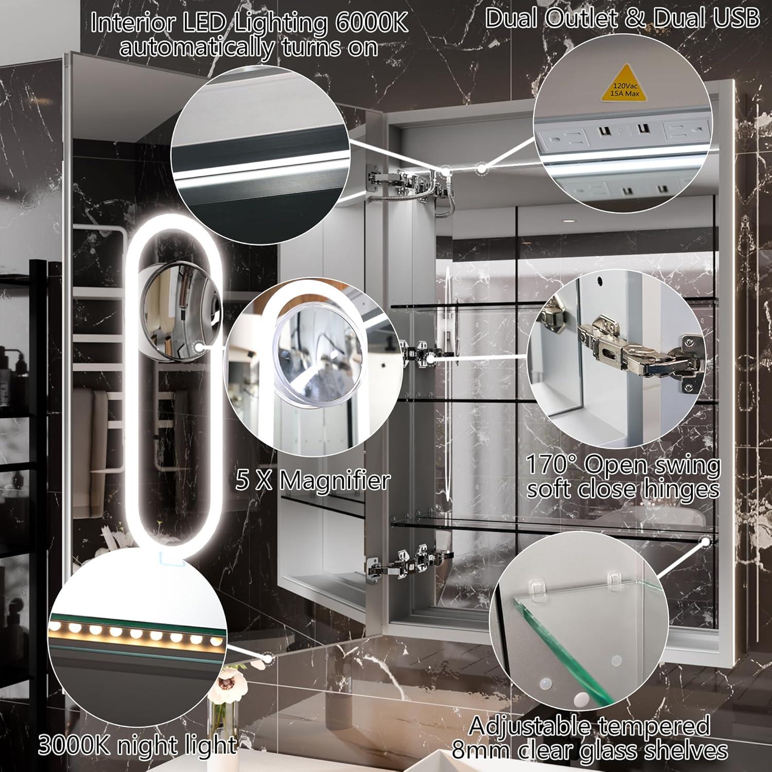 MEDUNJESS 72''x36'' Surface or Recessed Mount LED Medicine Cabinet with Mirror and Defogger 3 doors Medicine Cabinet