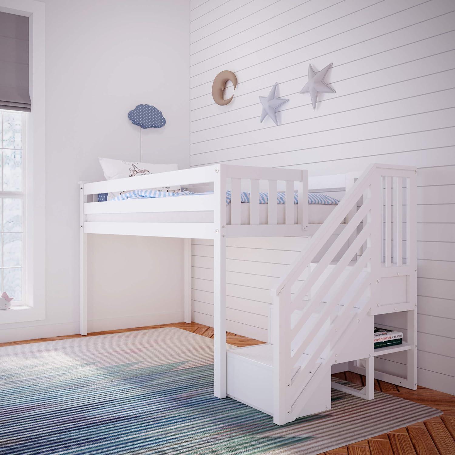 White Twin Low Loft Bed with Storage Stairs and Pine Frame