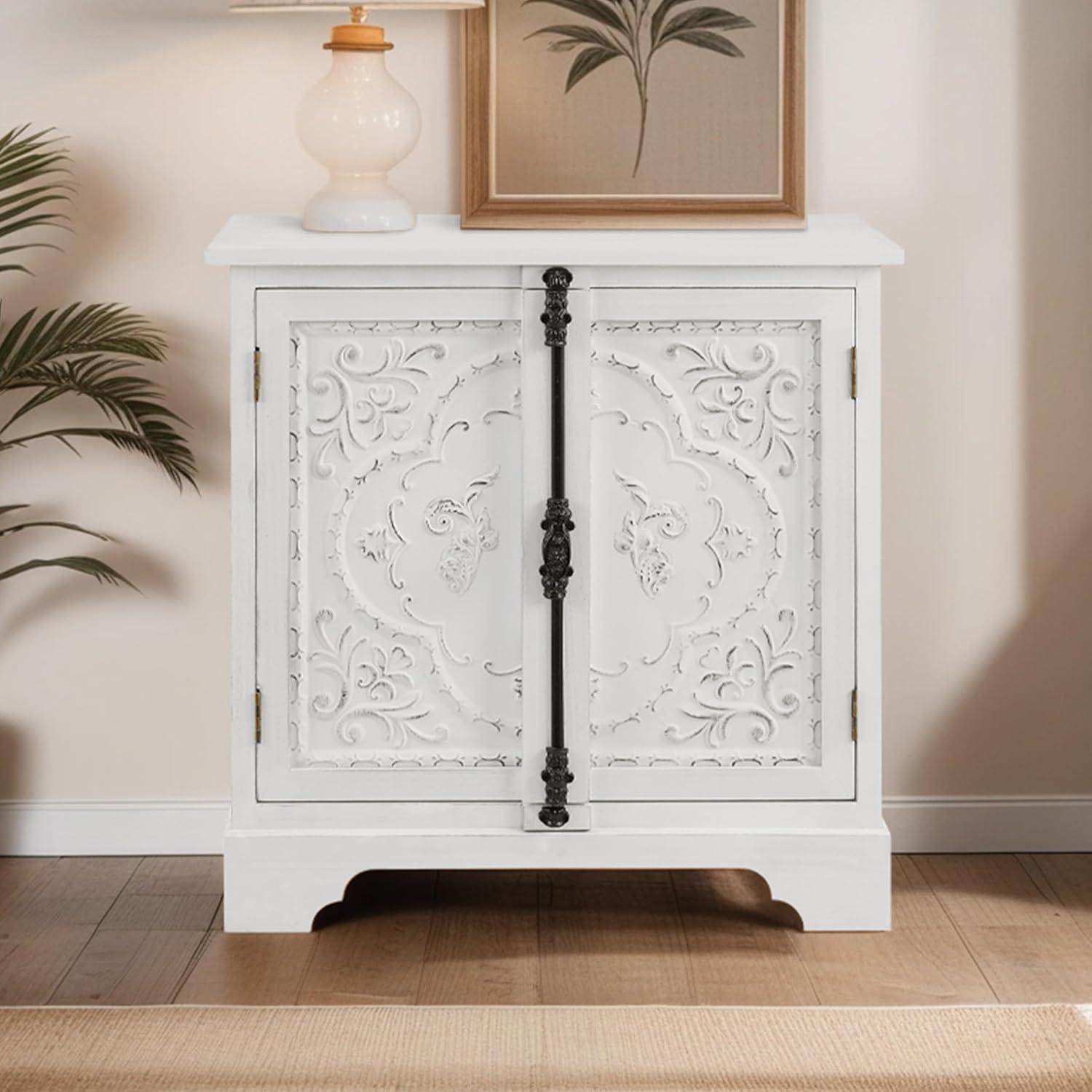 White Floral Pattern Farmhouse Sideboard with Solid Wood Legs