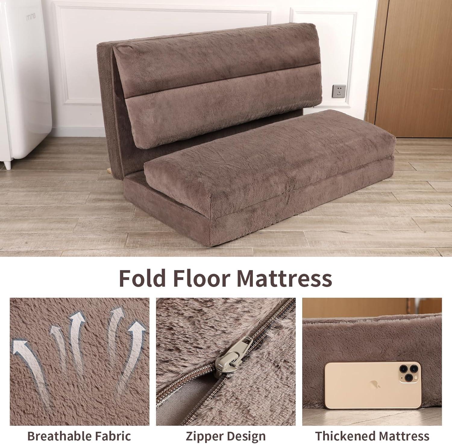 Bean Bag Bed for Adults, 54x95 Inch Floor Sofa Bed with Washable Soft Faux Fur Cover, Fluffy Soft Foldable Couch for Living Room, Bedroom, Guest Room (Brown)